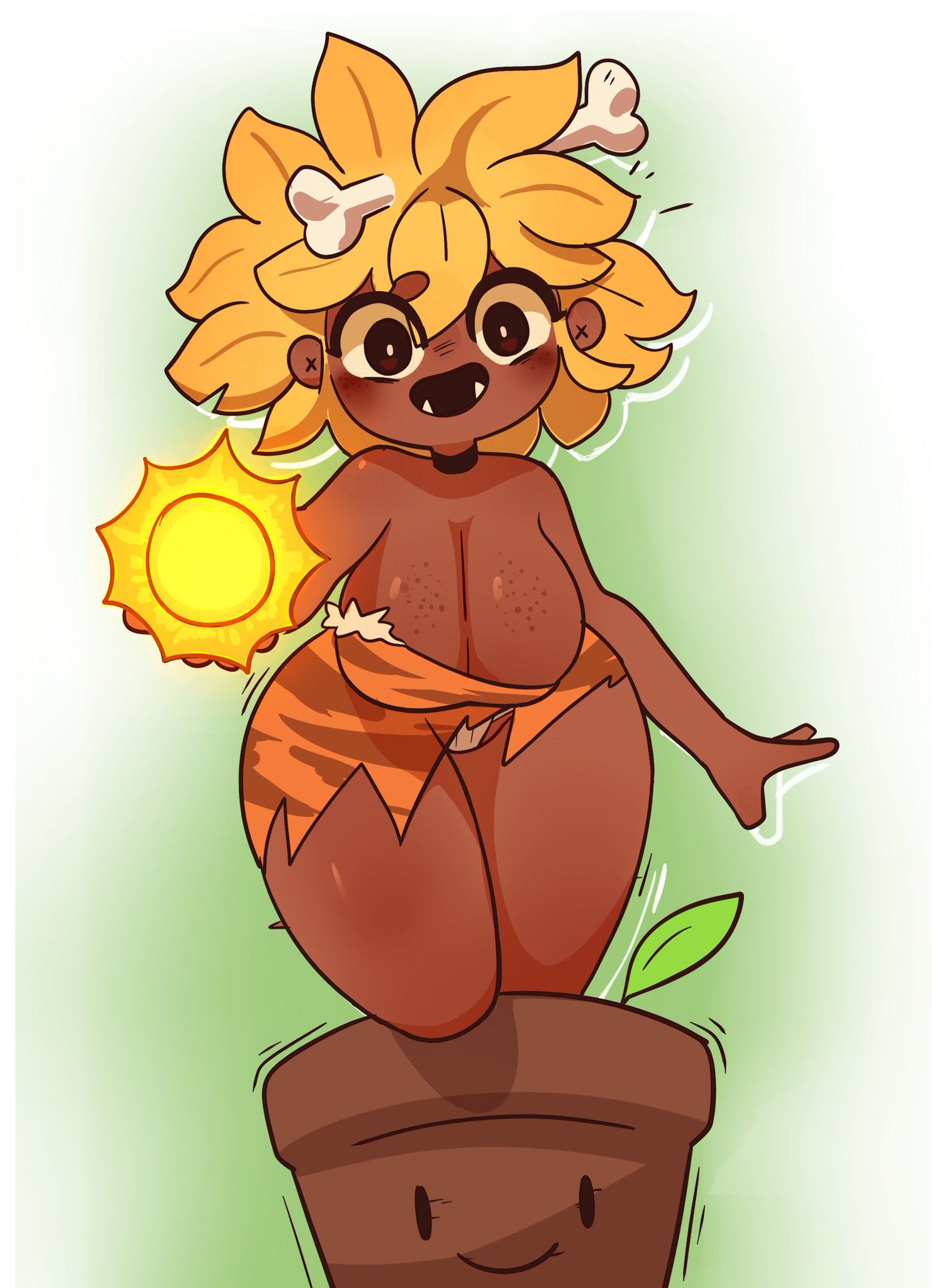 1girls, 2023, 2d, big breasts, bone, bone hair ornament, breasts, breasts out, clothed, clothing, dark skin, dark-skinned female, female, flower pot, looking at viewer, panties, partially clothed, plain background, plant, plant girl, plants vs zombies, plants vs zombies 2: it's about time, primal sunflower (pvz), rabiosin, solo, sunflower, sunflower (pvz), thick thighs, thighs, torn clothes, twitter link, white panties, yellow hair, zero4541