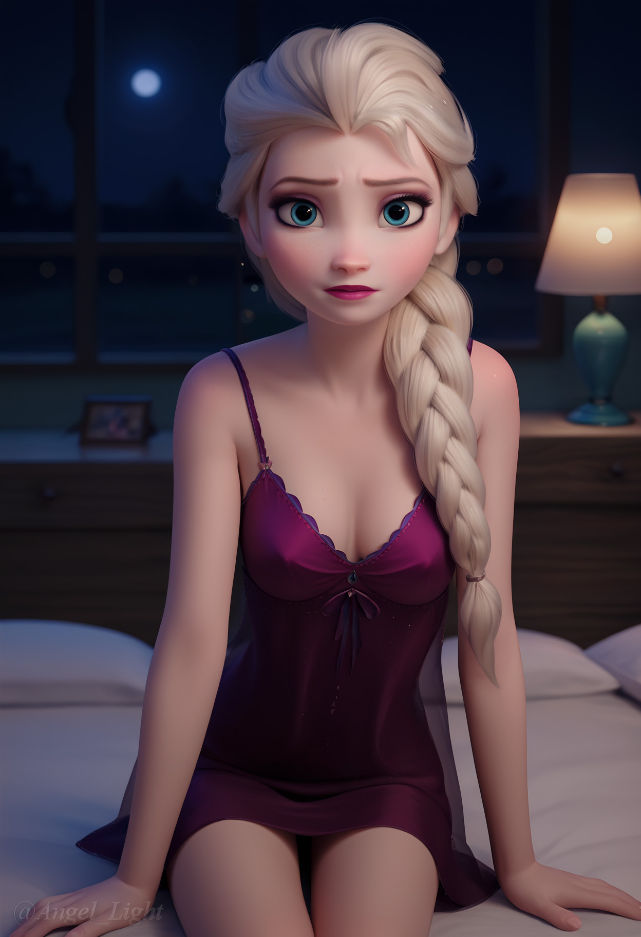 ai generated, angel light, angel light (artist), blue eyes, breasts, cute, disney, disney princess, elegant, elsa (frozen), female, frozen (film), frozen 2, nightgown, nipples visible through clothing, princess, small breasts, white hair