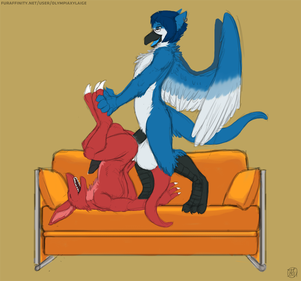 avian balls big_balls blue_eyes blush cum erection glasses gryphon hyper knot male olympiaxylaige palace_(character) penis sofa tail uncensored wafflebird yaoi