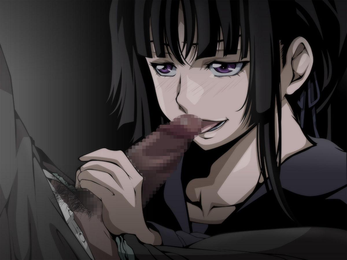 abna-ya black_hair censored ga-rei_zero handjob hime_cut isayama_yomi licking pubic_hair purple_eyes