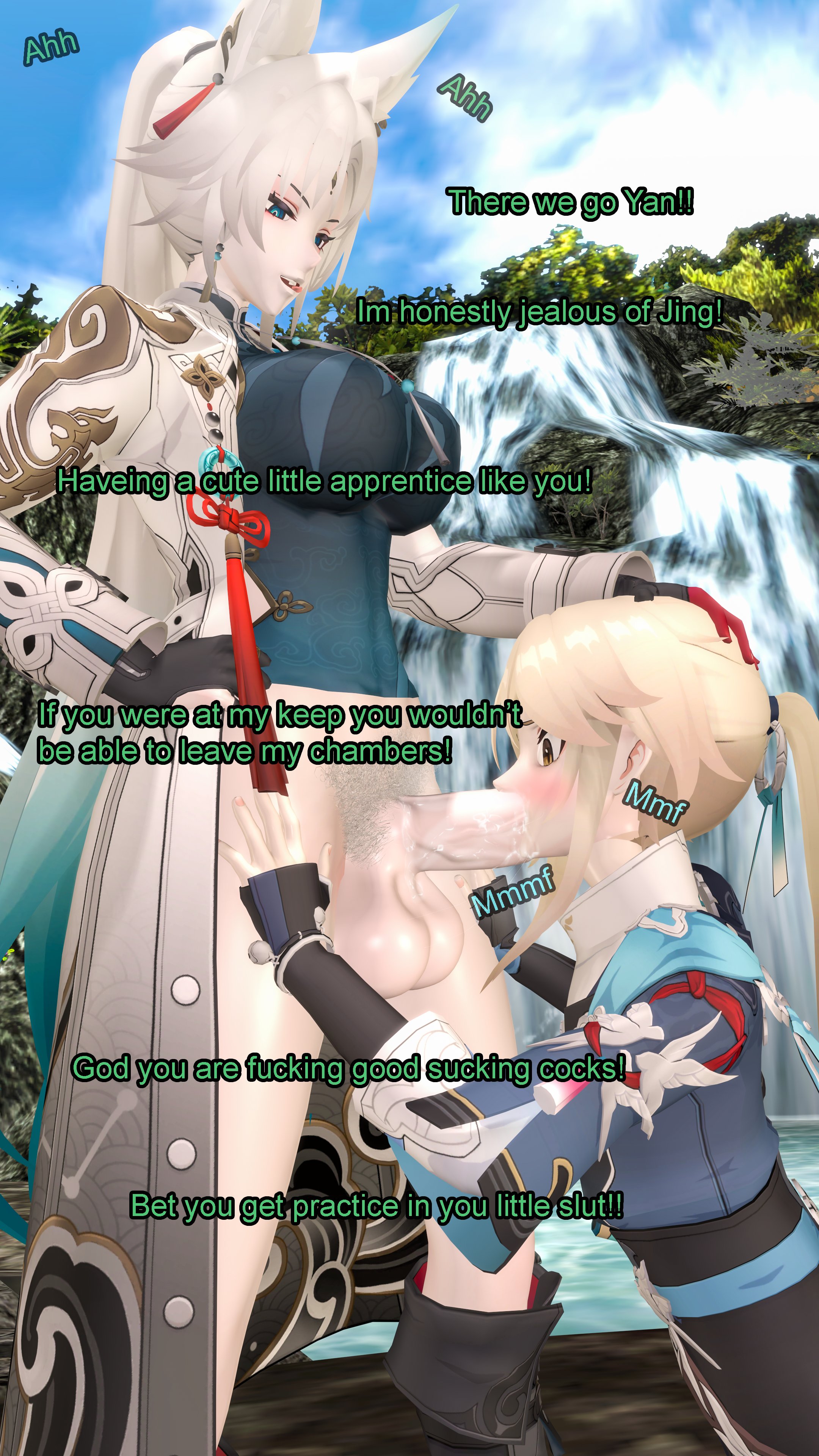 1boy, 1futa, 3d, balls, blonde hair, blush, blushing, bottomless, english, english text, feixiao (honkai: star rail), fellatio, forced, futa on male, futanari, hand on head, hand on hip, hand on thigh, honkai: star rail, intersex, long hair, male, onomatopoeia, oral, oral penetration, oral sex, outdoors, outside, penis, ponytail, rape, smooth balls, tagme, testicles, text, theboobedone, veiny penis, waterfall, white hair, wide eyed, yanqing (honkai: star rail)