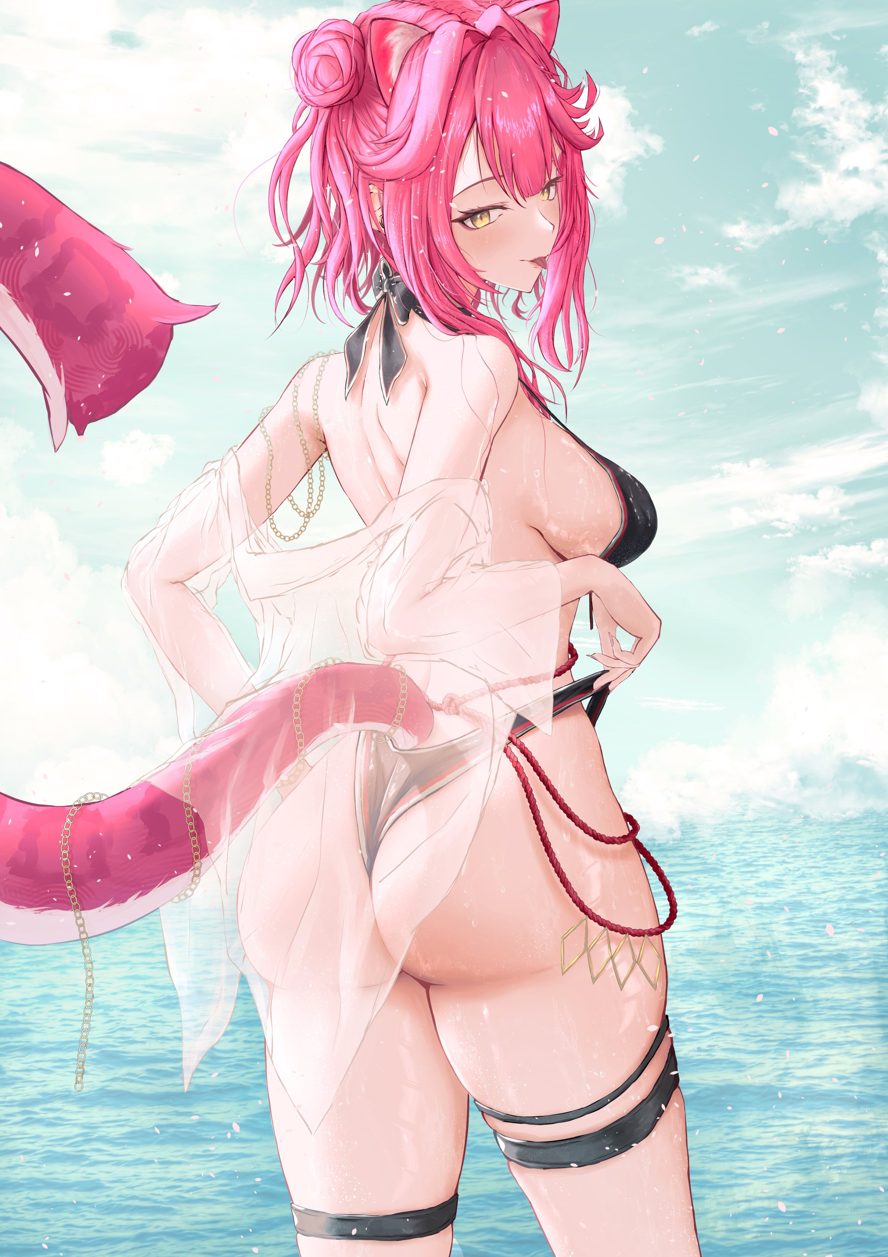 :p, ass, ass focus, bikini, black bikini, breasts, female, hair bun, hololive, hololive english, hololive english -justice-, kemonomimi, leg strap, looking back, pink hair, raora panthera, see-through, sideboob, sky, tail, virtual youtuber, water, yamabro, yellow eyes