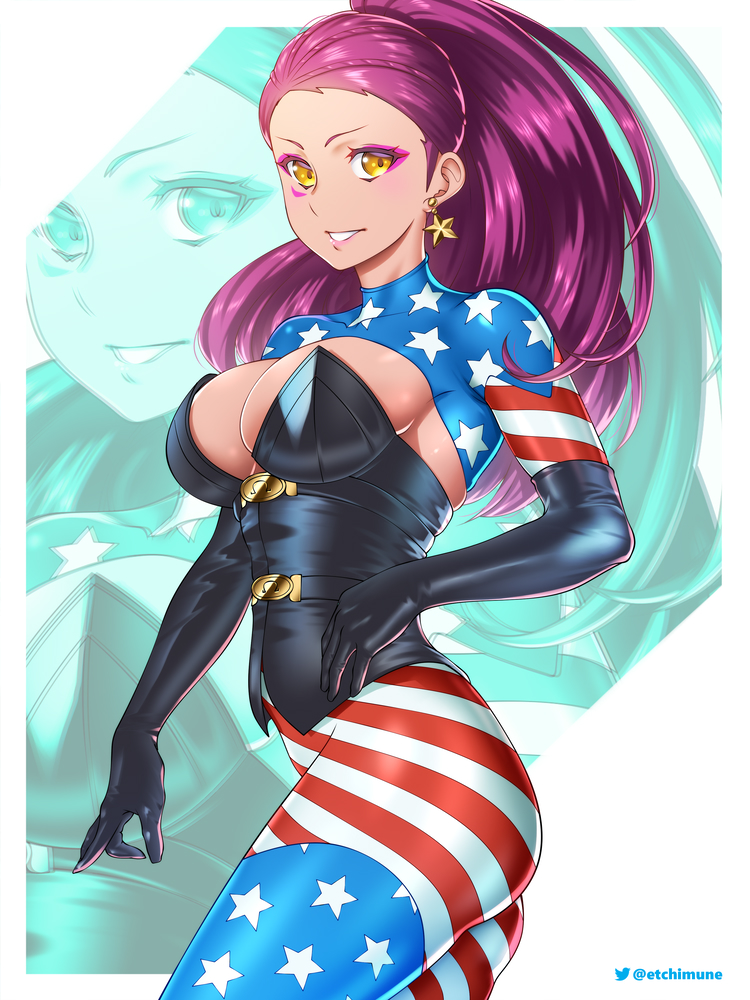 1girls alternate_costume american_flag ass big_ass black_gloves black_vest bodysuit breasts cleavage commission cosplay earrings elbow_gloves etchimune female female female_only fire_emblem fire_emblem:_three_houses gloves jewelry large_breasts long_hair mount_olympus_comics nintendo patriotika patriotika_(cosplay) petra_macneary purple_hair skin_tight vest yellow_eyes