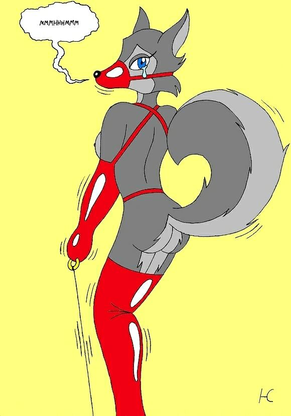 anthro armbinder blue_eyes bondage bound breasts canine crying female fur furry gag gagged grey_hair husky raised_tail red_latex red_latex_armwear red_latex_legwear sideboob tail tears