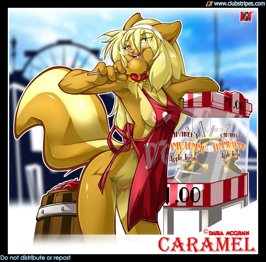 anthro apple blonde_hair bottomless breasts brown candy candy_apple caramel carnival cleavage female fluffy_tail food fruit glasses gnaw hair hairband long_hair looking_at_viewer naked_apron nipple_slip nipples pussy solo standing tail