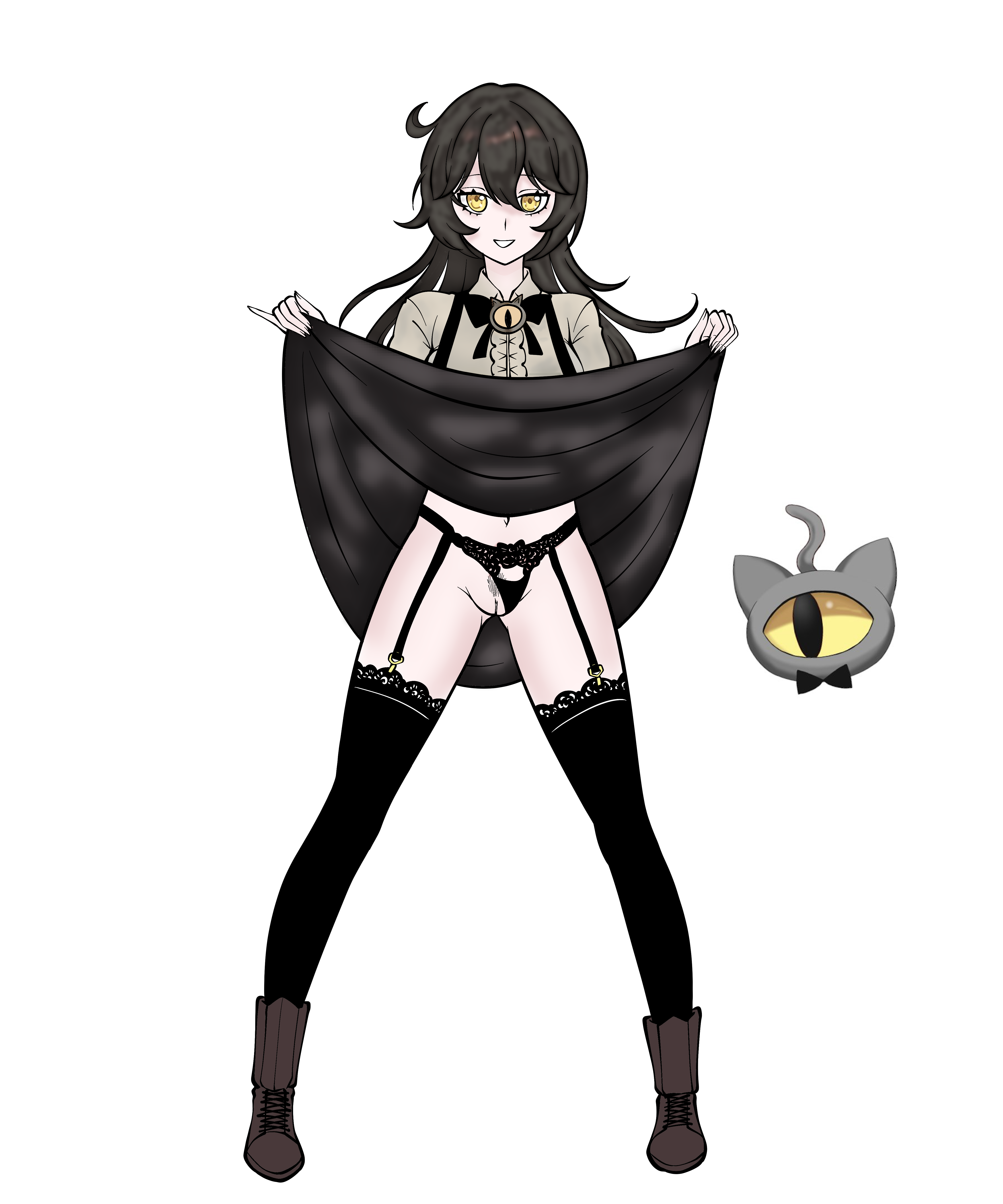 black hair, exhibitionist, female, goth, grimmivt, indie virtual youtuber, lifting skirt, light skin, light-skinned female, pale skin, pale-skinned female, panties aside, pussy, thong aside, trimmed pubic hair, uncensored, virtual youtuber, vtuber, yellow eyes