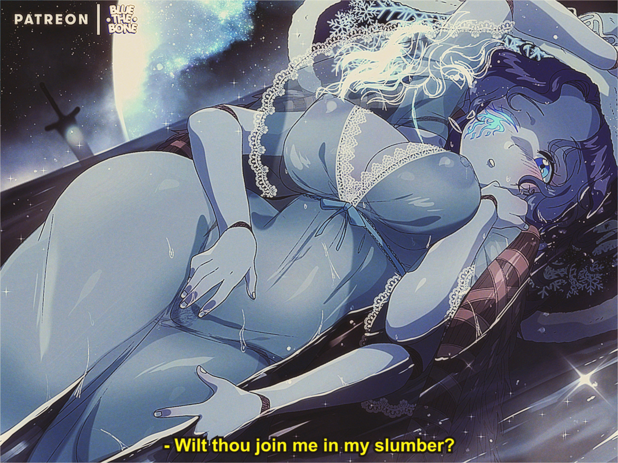 1girls, 4:3, big breasts, blue eyes, blue hair, bluethebone, blush, breasts, dialogue, elden ring, english text, female, female only, fromsoftware, hi res, looking at viewer, masturbation, multi arm, multi limb, nude, one eye closed, pubic hair, puppet, pussy, ranni the witch, retro artstyle, talking to viewer, witch hat