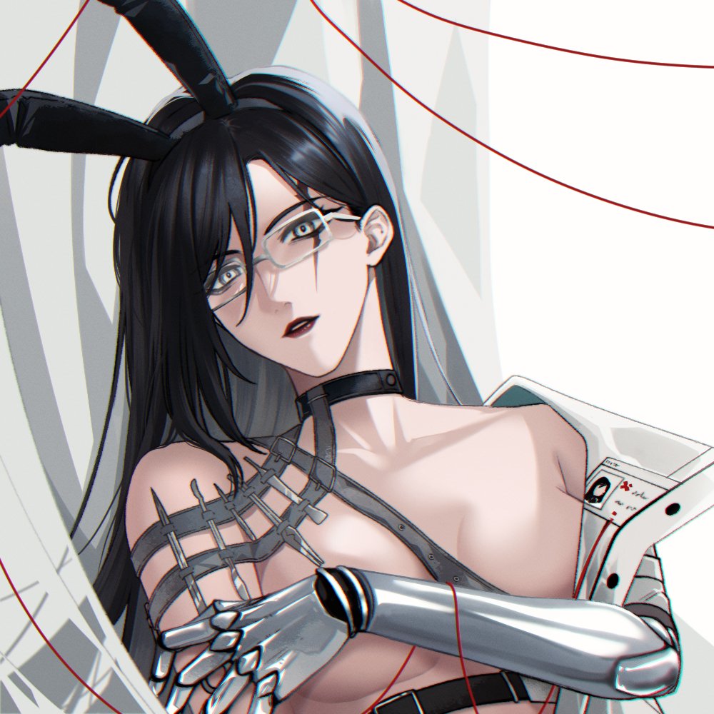 1girls angon623_(artist) behind_curtain black_hair breasts bunny_ears choker curtains glasses hiding_breasts iron_(path_to_nowhere) long_hair medical_instrument metal_hand no_bra nurse_uniform path_to_nowhere red_string scar white_background white_eyes white_skin