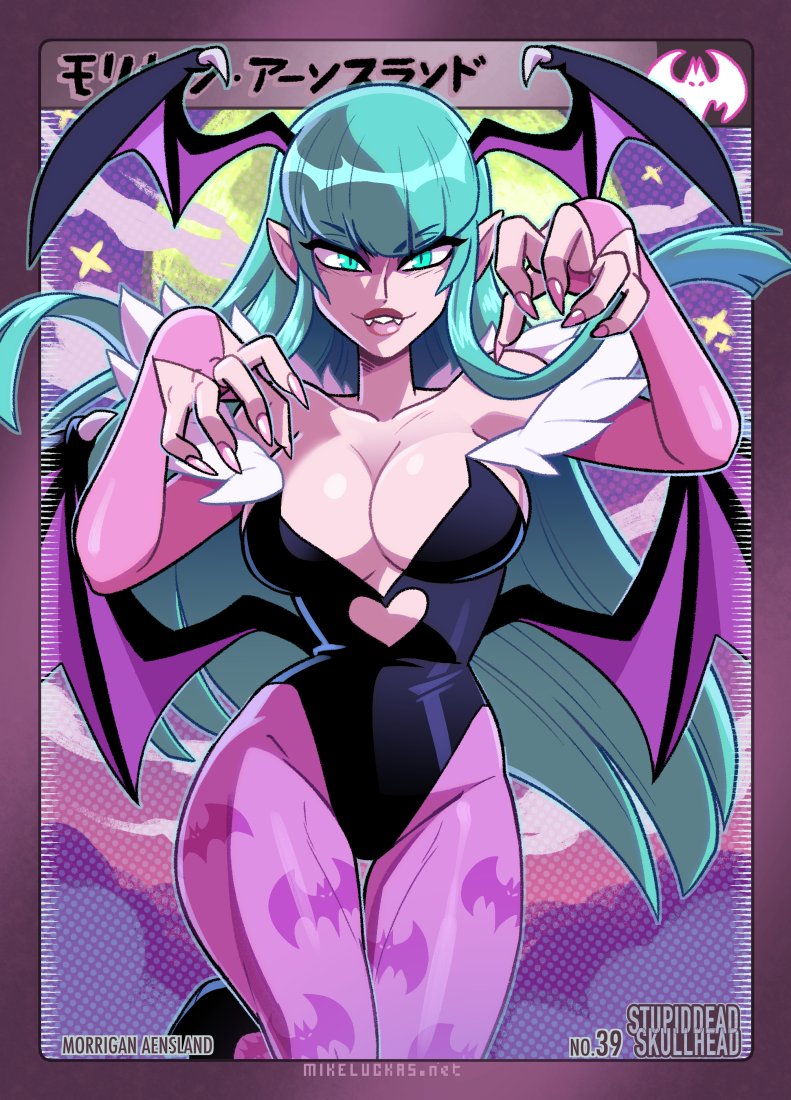 1girl 1girls arms_up bat_wings big_breasts breasts darkstalkers datskelebutt fangs female female_focus female_only green_eyes green_hair hips itsdatskelebutt long_hair long_nails looking_at_viewer mikeluckas moon morrigan_aensland painted_nails pink_nails pointy_ears purple_background solo solo_female solo_focus succubus succubus_outfit succubus_wings tagme wide_hips wings wings_on_head