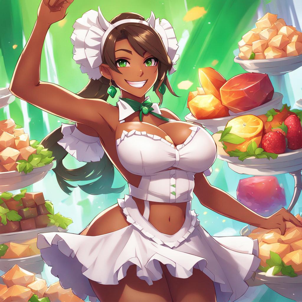 1female 1girl 1girls ai_generated big_breasts bowtie breast_focus brown_hair brown_hair_female chest_focus dark-skinned_female dark_skin ear_piercing ear_piercings ear_ring ear_rings earring earrings female female_focus female_only food french_maid french_maid_nidalee fruit green_eyes green_eyes_female huge_breasts large_breasts league_of_legends looking_at_viewer miniskirt nidalee riot_games shiny shiny_breasts shiny_skin skimpy skimpy_clothes skimpy_dress skimpy_outfit smiling smiling_at_viewer solo solo_female solo_focus strawberries strawberry sweets the_grind_series white_clothes white_clothing