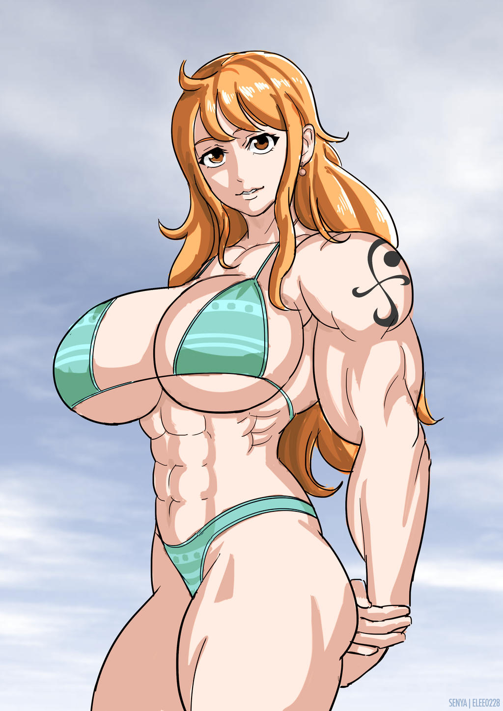 abs biceps bikini elee0228 female female_only green_bikini long_hair muscular muscular_female nami one_piece orange_hair post-timeskip tattoo