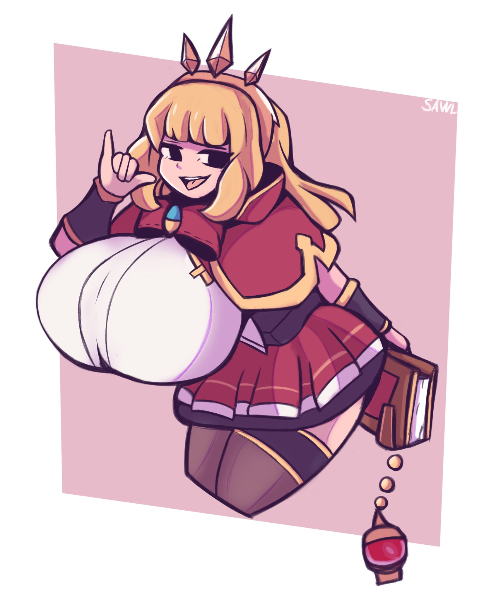 1girls, alternate breast size, blonde hair, breasts, breasts bigger than head, cagliostro (granblue fantasy), clothing, crown, female, granblue fantasy, huge breasts, looking at viewer, massive breasts, naughty face, notsawl, open mouth, skirt, smile, smug, solo, thick thighs, thighs, tiara, tongue, tongue out