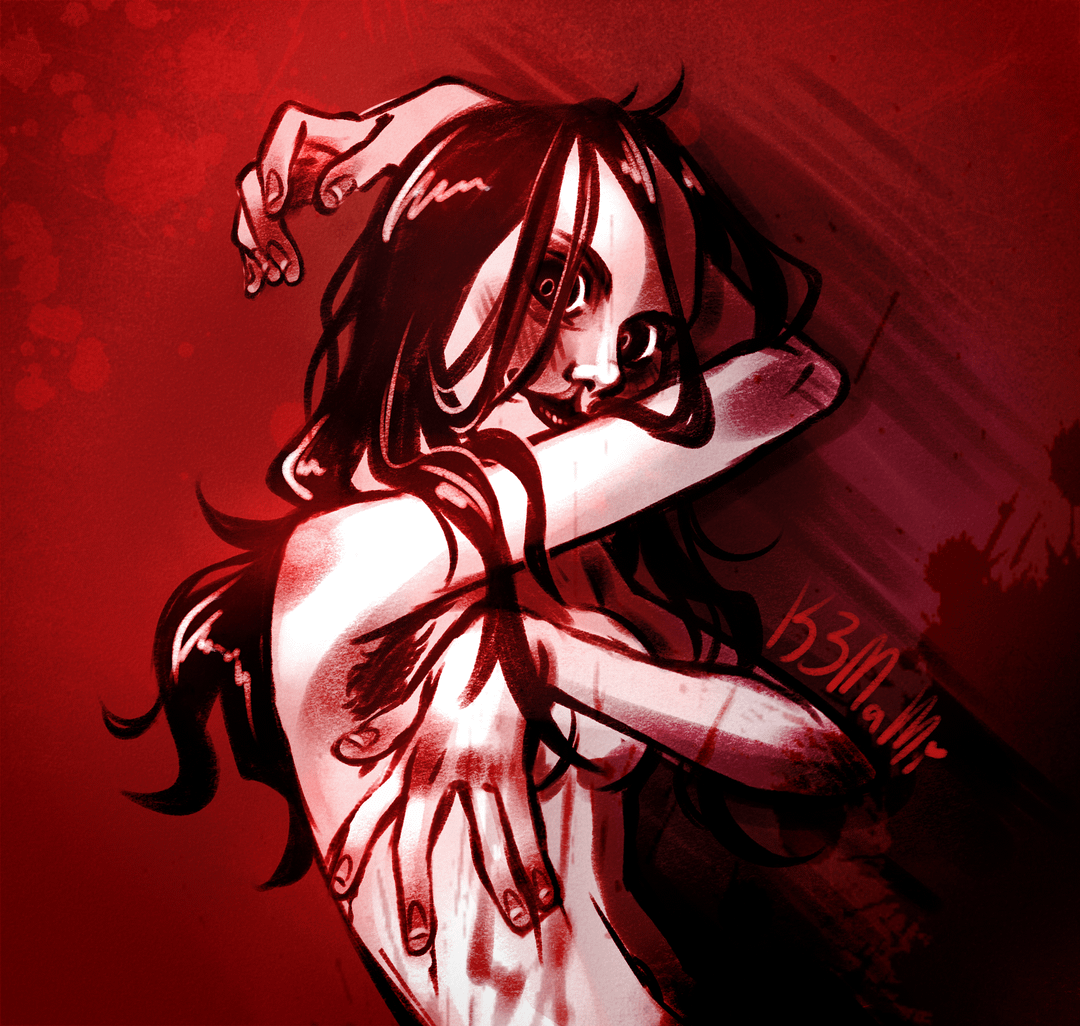 analog horror, black eyes, black hair, blood, blood on body, breasts, cleft lip, covering breasts, creepy, creepy smile, female, hands up, k3mami, long hair, mona lanius, nude, pale skin, pale-skinned female, serial killer, skinny, skinny female, small breasts, the painter, urbanspook, white skin