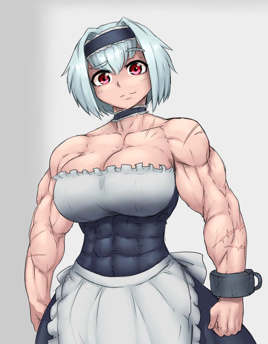 abs chocker huge_breasts maid muscular_female red_eyes scar sheepapp