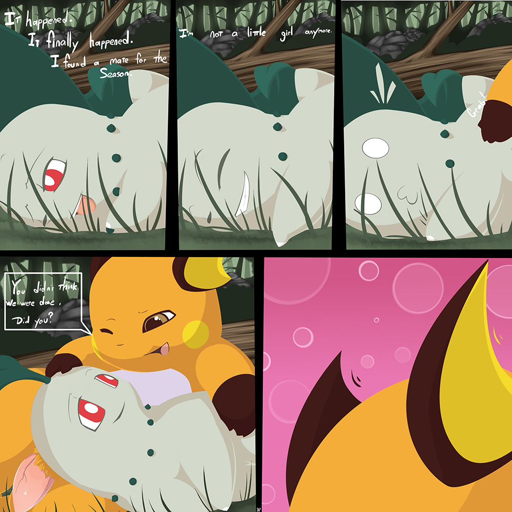 after_sex chikorita comic dialogue female forest male o3o penis pokemon pokemon_(species) raichu springtime_desperation straight tom_smith tree wood