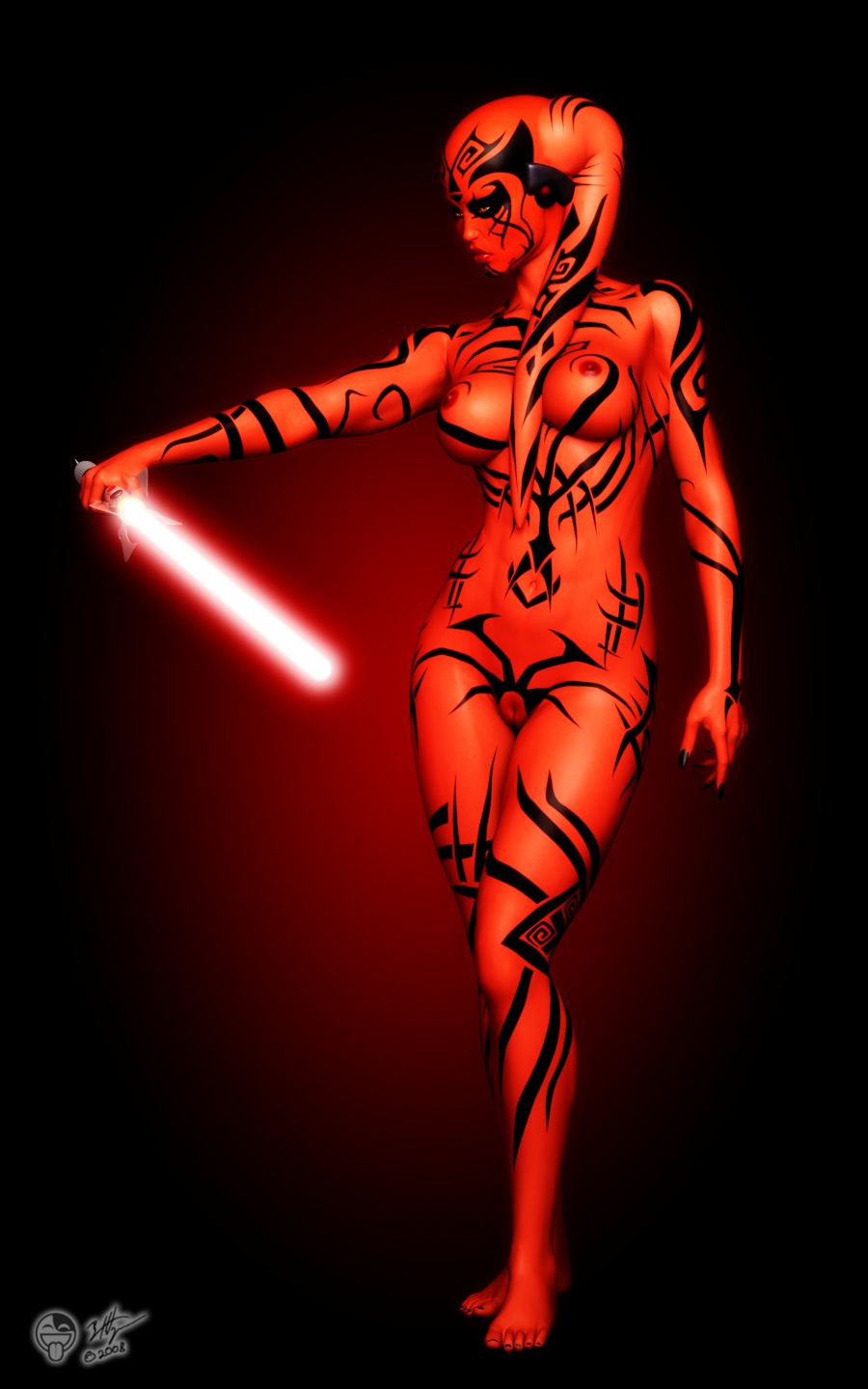 2008 3d barefoot big_breasts breasts darth_hell darth_talon female lightsaber lips nail_polish navel nipples pussy red_skin sith sith_lord solo standing star_wars star_wars:_legacy tattoo twi'lek weapon yellow_eyes