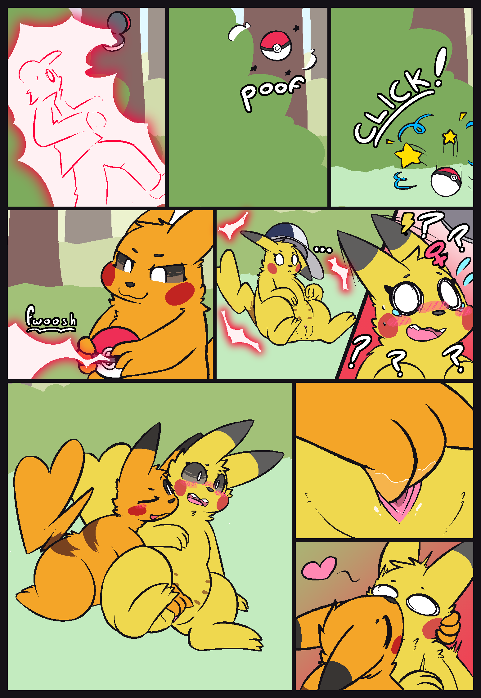 blush captured clothed clothing comic confusion female female/female feral finger_fuck fingering forest fur gender_symbol gender_transformation generation_1_pokemon genitals hi_res human kissing male mammal mtf_transformation nintendo nulloffset outside pikachu plant pokeball pokemon pokemon_(species) pokemon_transformation pussy question_mark rodent shiny_pokemon sleeping standard_pokeball symbol tail transformation tree vaginal_penetration yellow_body yellow_fur