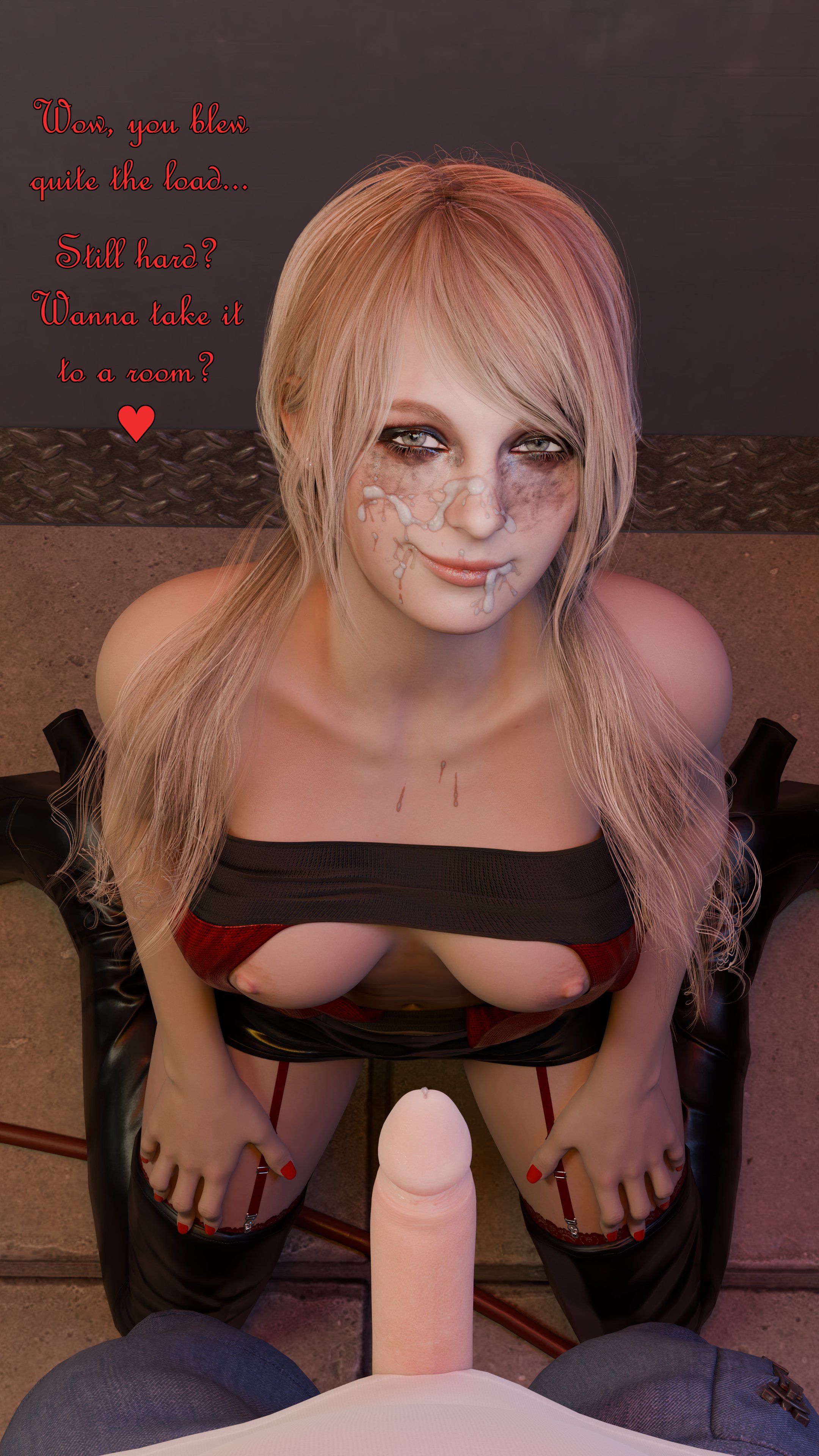 1boy, 1girls, 3d, areolae, ashley graham, blender, blonde hair, breasts, breasts out, busty, clothed, cum, cum on face, dialogue, dustedfountain, eyeshadow, facial, female, female focus, flashing, flashing breasts, garter straps, hooker, hourglass figure, kneeling, lingerie, male, male pov, miniskirt, nipples, penis, pov, presenting, prostitution, red nails, red stockings, resident evil, resident evil 4, resident evil 4 remake, revealing clothes, stockings, street, tagme, text, thigh boots, thighhigh boots, thighhighs, thong, twintails, wide hips