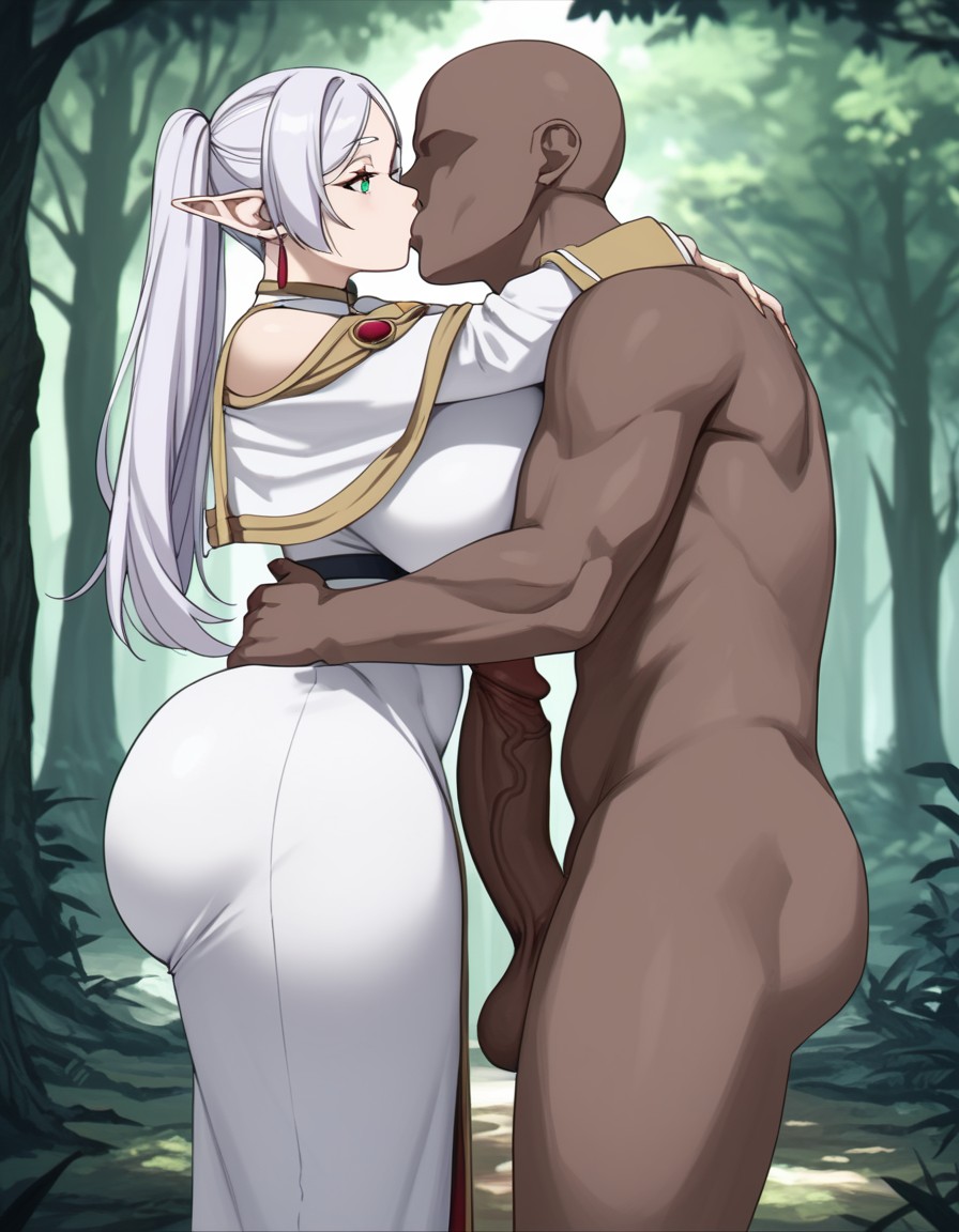 1boy 1girls ai_generated big_breasts big_penis curvy dark-skinned_male dat_ass elf elf_female faceless_male fat_ass female female forest frieren grabbing_ass hands_on_ass hands_on_hips huge_ass huge_breasts huge_butt huge_cock kissing large_ass long_penis massive_ass naked_male pressing_breasts side_view sousou_no_frieren voluptuous voluptuous_female wide_hips