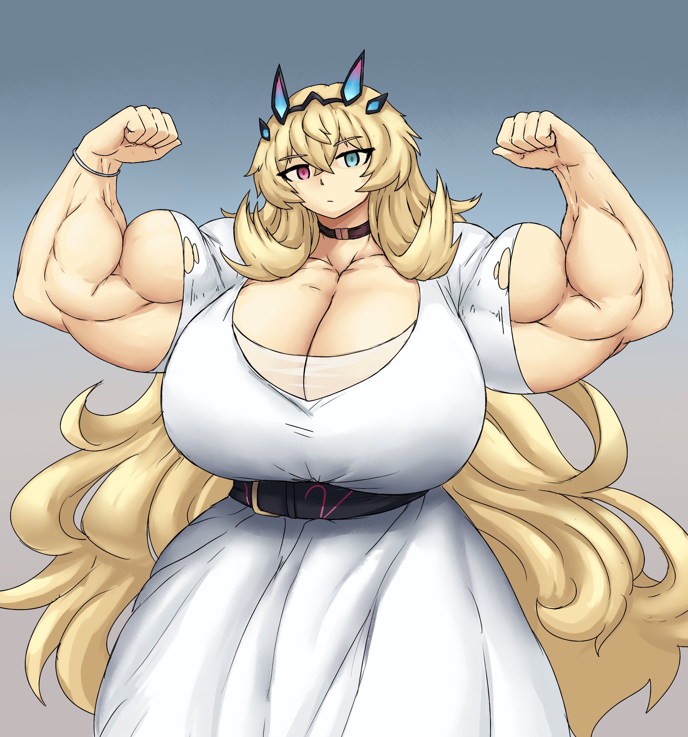 abs, barghest (gawain) (fate), breasts, chocker, fate (series), female, flexing bicep, hyper breasts, muscular, muscular female, sheepapp