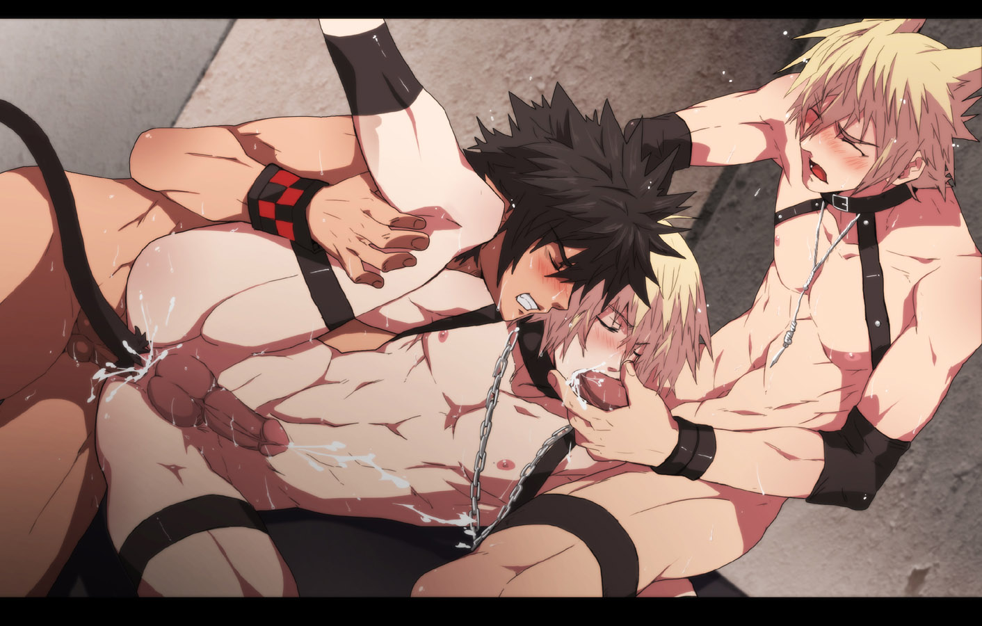 3boys, abs, anal, anal penetration, anal sex, animal ears, ass, balls, black hair, black monkey, blonde hair, blowjob, bondage, cat boy, cat ears, cat tail, catboy, chains, closed eyes, cock gobble, cock hungry, collar, cum, cum hungry, cum in ass, cum in mouth, cum inside, cum while penetrated, ejaculation, elbow pads, erect nipples, erection, fellatio, fuck and suck, gangbang, gay, giving head, going down on, group sex, harness, jewelry, leg lift, legs held open, male, male only, mazjojo, multiple boys, multiple males, multiple penises, muscles, necklace, nipples, nude, oral sex, orgasm face, orgasm from anal, orgasm from oral, pecs, penis, penis size difference, sex, spitroast, spread legs, suck and fuck, sucking off, tail, testicles, thigh strap, threesome, two on one, uncensored, wristband, yaoi
