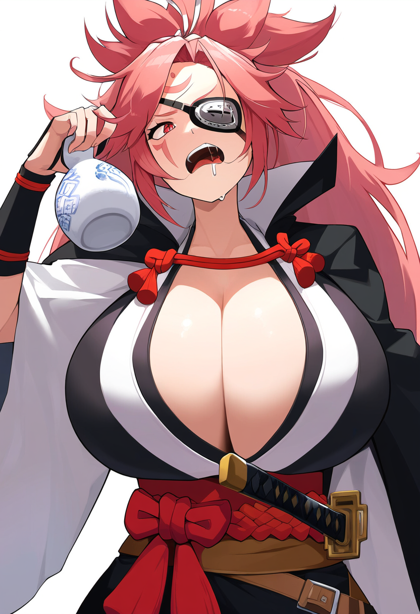 ai_generated alcoholic_drink baiken blank_background cleavage cleavage_overflow drinking drunk eyepatch guilty_gear huge_breasts jonnyjonn novelai sagging_breasts