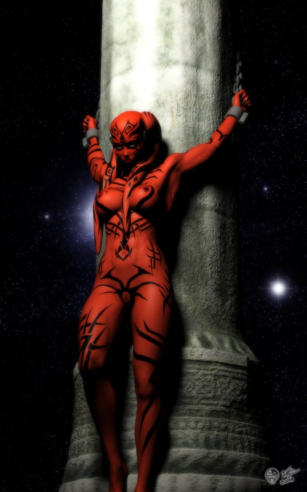 2008 3d abs big_breasts bondage bound breasts chained_to_pillar chained_to_wall chains darth_hell darth_talon female legs medium_breasts navel nipples nude pillar pussy raised_arm red_skin restrained restraint shackles sith sith_lord solo star_wars star_wars:_legacy tattoo twi'lek