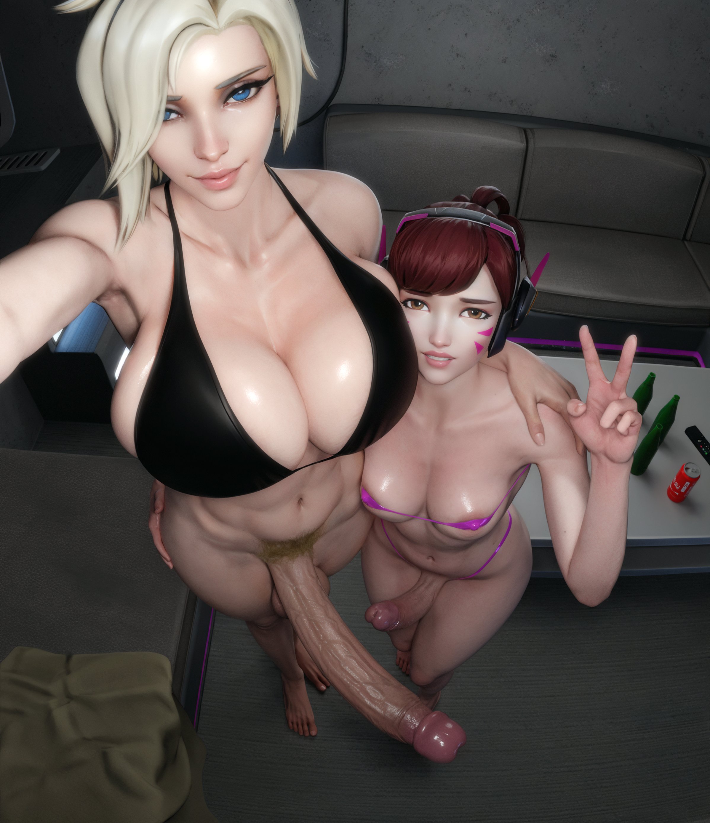 2futas, 3d, bikini top, blonde hair, blue eyes, brown hair, d.va, duo, erection, futa only, futanari, intersex, light skin, light-skinned futa, mercy, overwatch, overwatch 2, peace sign, pubic hair, selfie, zzzxxxccc