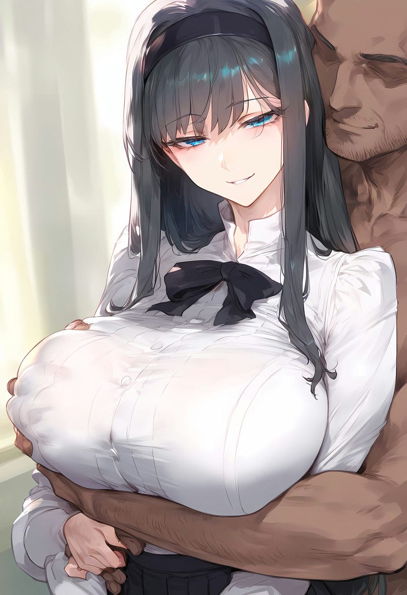 1boy 1girls ai_generated bare_arms bare_shoulders big_breasts black_hair blue_eyes blush clothed clothing color dark-skinned_male dark_skin female grabbing_breasts hand_on_breast hi_res interracial large_breasts light-skinned_female light_skin long_hair looking_at_viewer male male/female muscles muscular muscular_male nakatori tagme thick_thighs tohno_akiha tsukihime