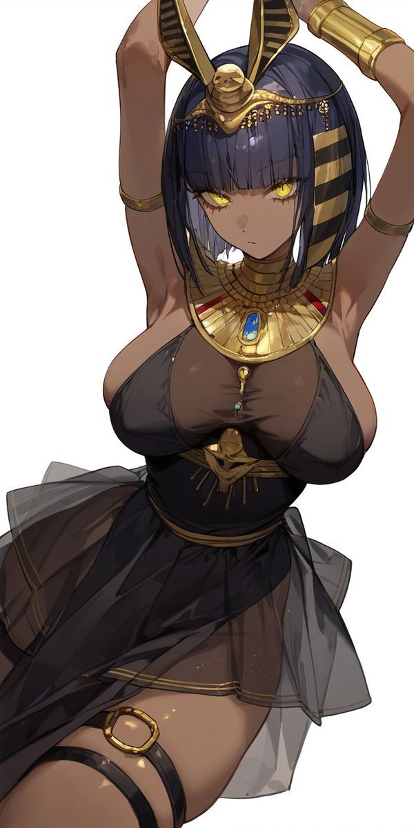 1girls, ai generated, black hair, breasts, dark skin, dark-skinned female, egyptian, egyptian clothes, female, gold, large breasts, sagawa (artist), yellow eyes