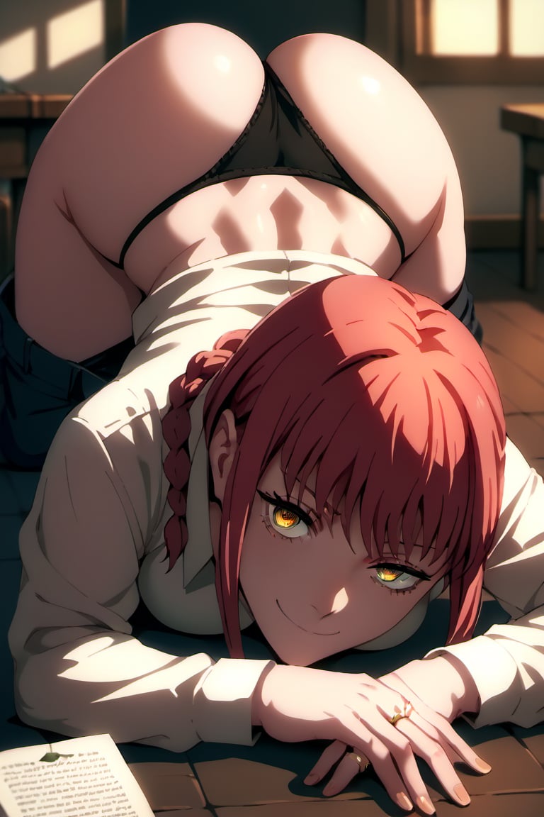1girls, ai generated, all fours, ass, big ass, black panties, braid, breasts, chainsaw man, female, female only, indoors, light skin, light-skinned female, makima (chainsaw man), panties, red hair, smile, solo, solo female, t-shirt, top-down bottom-up, yellow eyes
