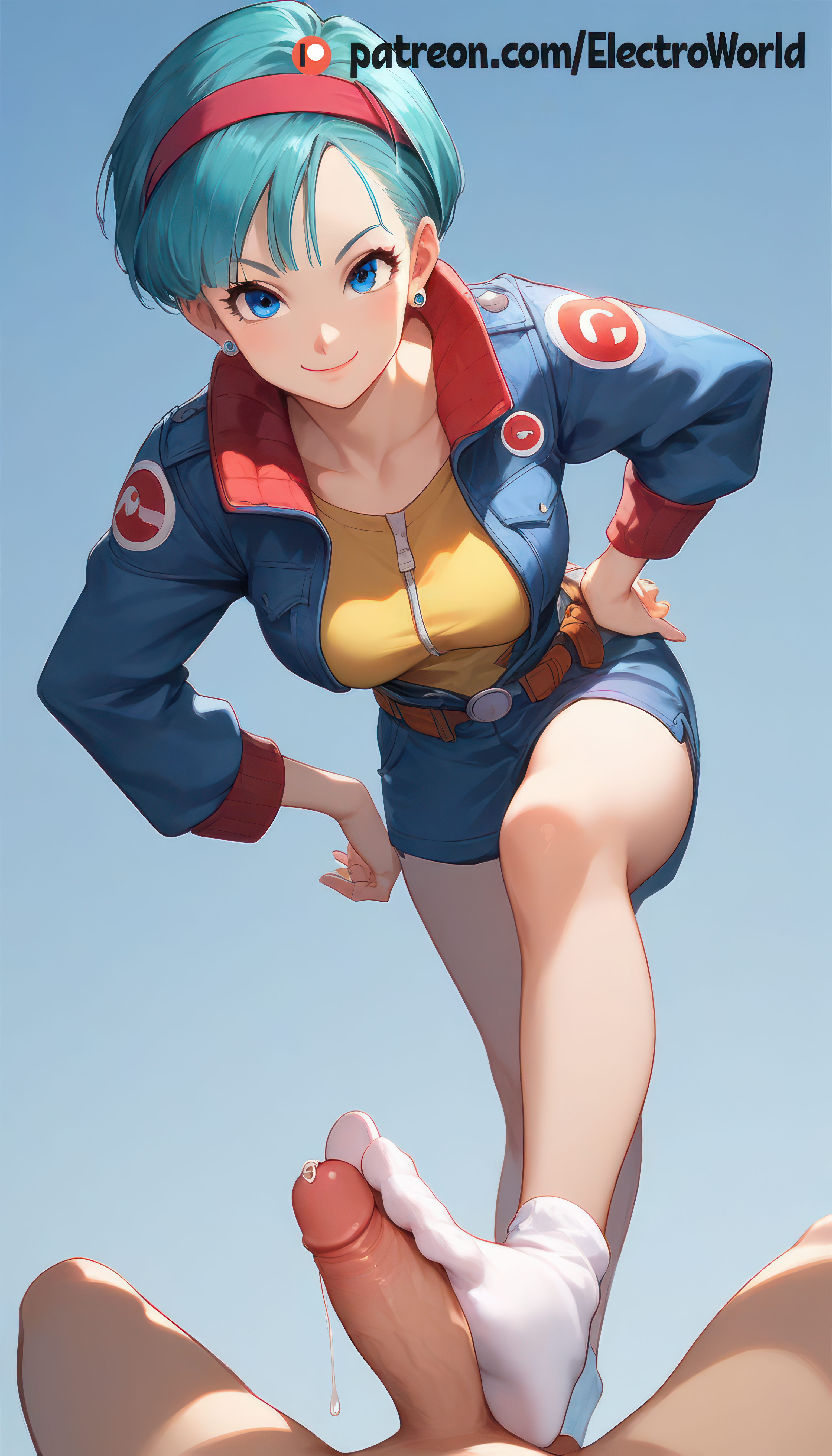 1boy, 1girls, ai generated, bulma briefs, dragon ball, electroworld, female, foot fetish, footjob, jerking, jerking off, male, penis, penis between feet