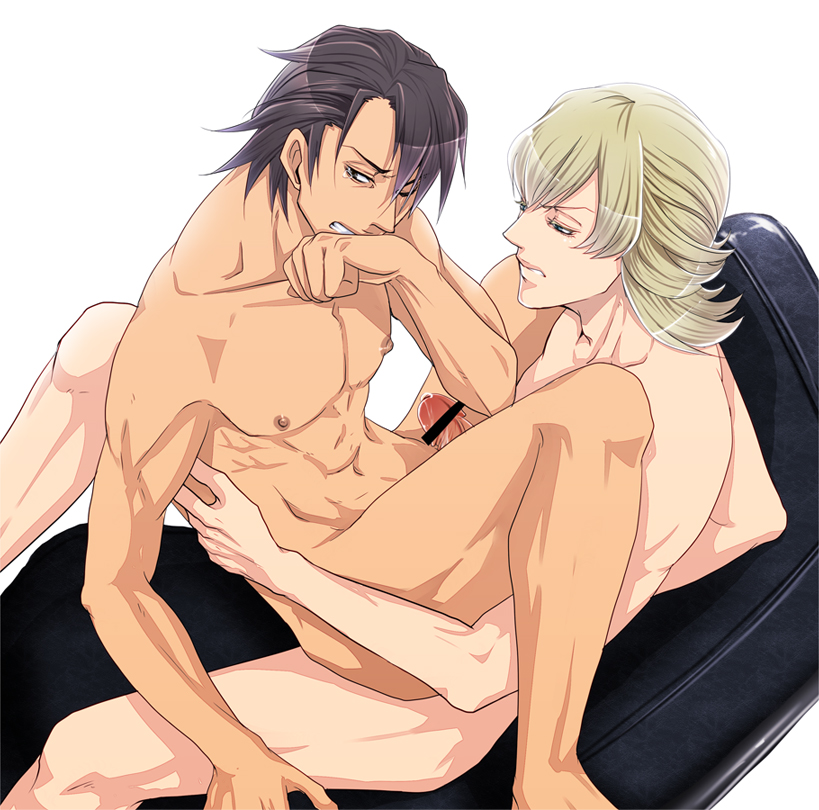 2boys anal barnaby_brooks_jr blonde_hair chair erection gay grimace in_lap kaburagi_t_kotetsu male multiple_boys muscle nude penis precum sex sitting tan tear tiger_&_bunny yaoi