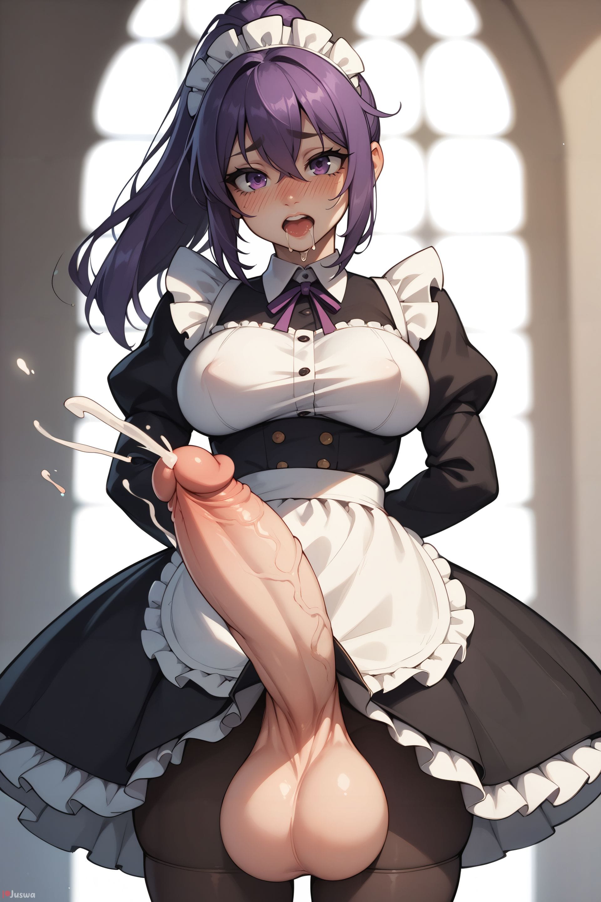 1futa, ai generated, apron, balls, black pantyhose, blush, breasts, covered nipples, cum, dress, ejaculation, erection, foreskin, futa only, futa sans pussy, futanari, hair between eyes, intersex, juswa, large breasts, large penis, long hair, long sleeves, looking at viewer, maid, maid headdress, open mouth, pantyhose, penis, ponytail, purple eyes, purple hair, saliva, solo, testicles, uncensored, uncircumcised, uncut, veins, veiny penis