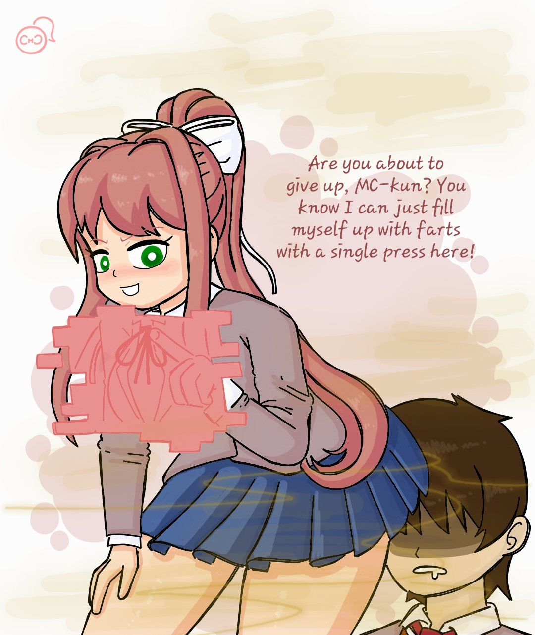 1boy, 1girls, blush, chobeeno, color, doki doki literature club, fart, fart cloud, fart fetish, farting on face, female, male, mc (doki doki literature club!), monika (doki doki literature club), ponytail, schoolgirl, skirt lift, tagme, text, white bow
