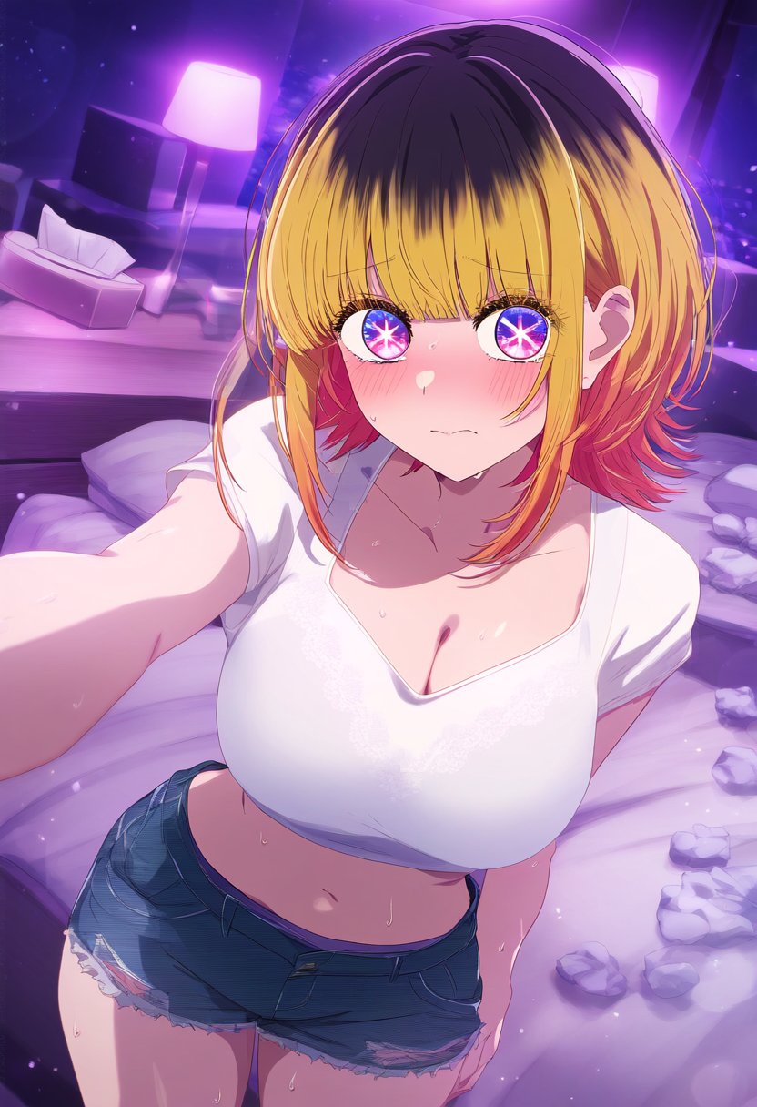 1girls ai_generated bed bedroom blush breasts cleavage cute dyed_hair hotel hotel_room large_breasts memcho midriff oshi_no_ko purrple_eyes shirt short_hair shorts sweat tissue_box