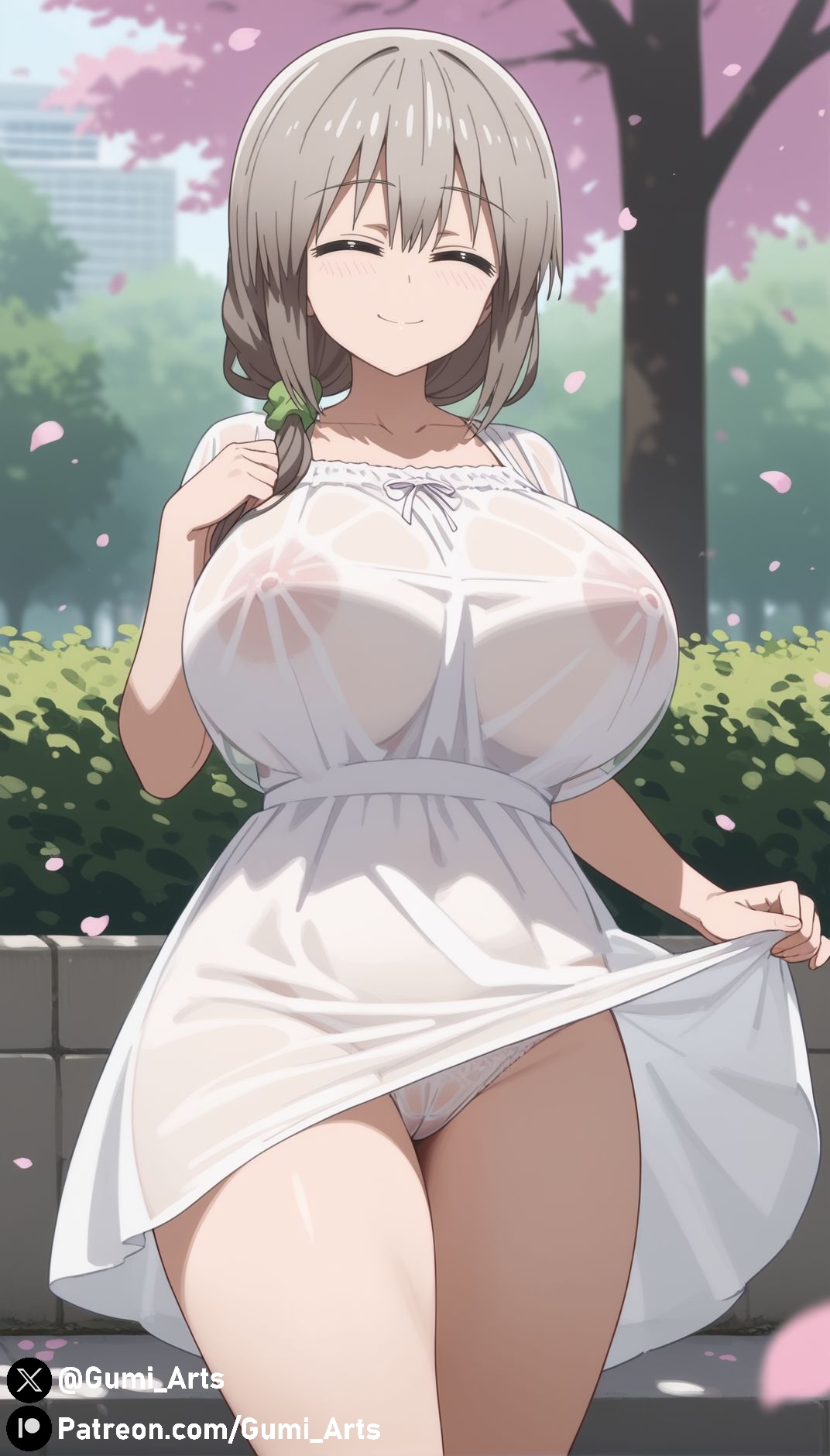 ai generated, breasts, closed eyes, covered nipples, covered pussy, female, green hair, gumi arts, huge breasts, looking at viewer, outdoors, panties, pussy, see-through, skirt lift, smile, stable diffusion, sundress, thick thighs, uzaki tsuki, uzaki-chan wa asobitai!, wet clothes