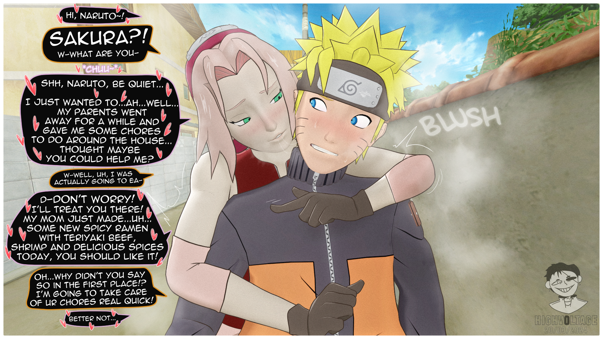 1boy, 1girls, 3d, anime, before sex, blonde hair, blue eyes, blush, blush lines, english text, female, green eyes, highv0ltage, horny, hugging, human, kissing, light skin, light-skinned female, light-skinned male, male, naruto, naruto (series), naruto shippuden, pink hair, sakura haruno, saliva trail, seductive look, seductive smile, sfm, source filmmaker, steam, steaming body, steamy breath, straight, sweat, sweating, sweaty, text, uzumaki naruto