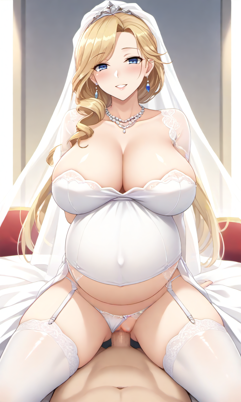 1boy 1girls ai_generated azur_lane big_breasts blonde_hair blue_eyes breasts hood_(azur_lane) huge_breasts large_breasts looking_pleasured open_mouth pregnant pregnant_belly pregnant_female pregnant_sex sex stockings vaginal_penetration vaginal_sex wedding_dress wedding_lingerie wedding_veil