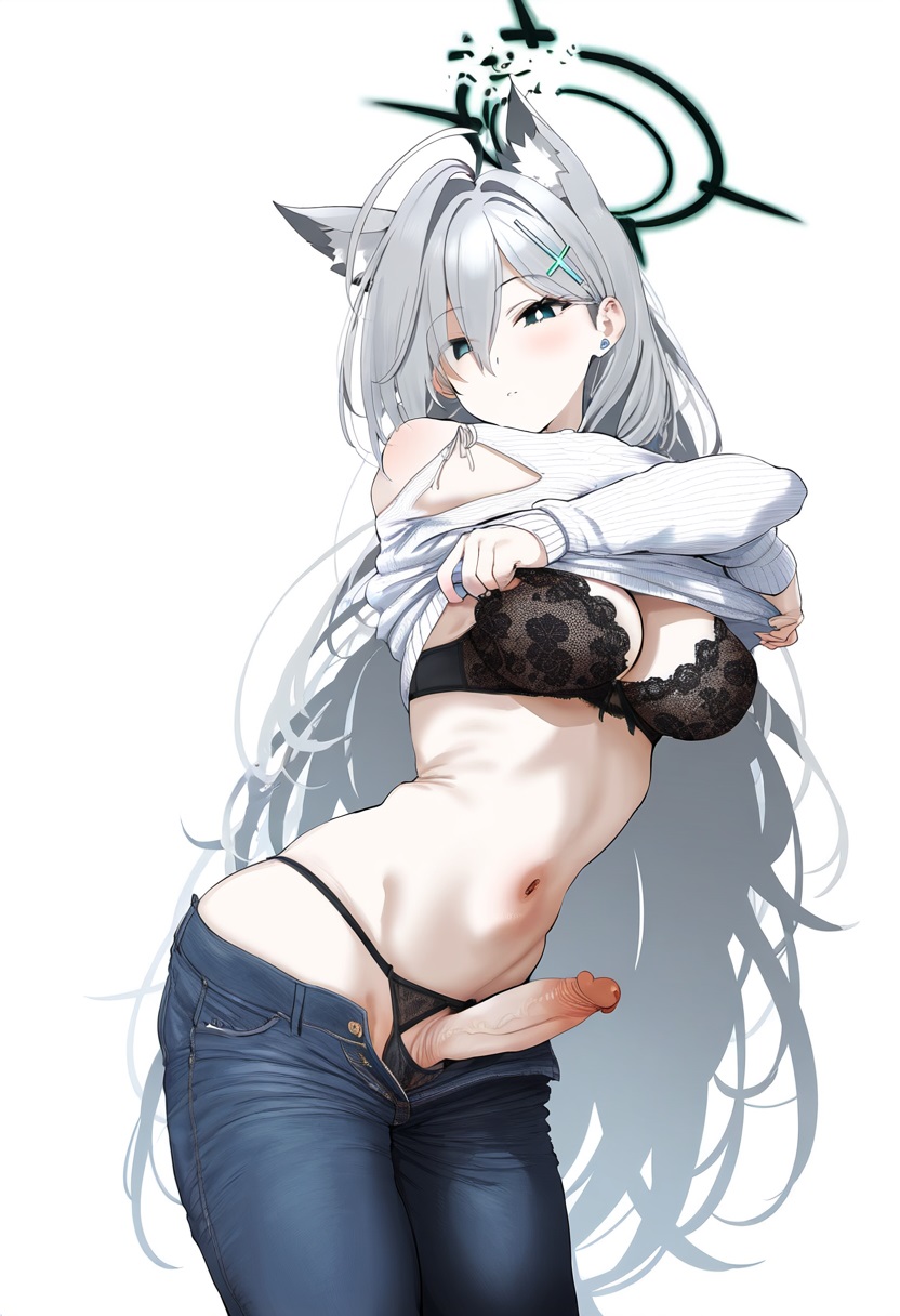 1futa, ai generated, blue archive, futa only, futanari, gerumusi, halo, intersex, jeans, lace bra, lace panties, shiroko (blue archive), shiroko (terror) (blue archive), undressing, unzipped