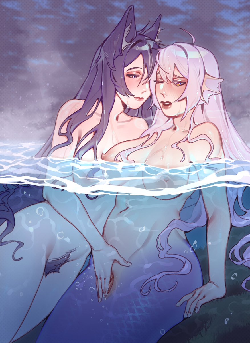 2girls acheron_(honkai:_star_rail) animal_ears beach black_swan_(honkai:_star_rail) blush breasts fingering hair_over_one_eye honkai:_star_rail honkai_(series) large_breasts liniorav looking_at_another mermaid monster_girl multicolored_eyes multiple_girls nude one_eye_closed pubic_hair purple_hair tail water wet_pubic_hair white_hair yuri