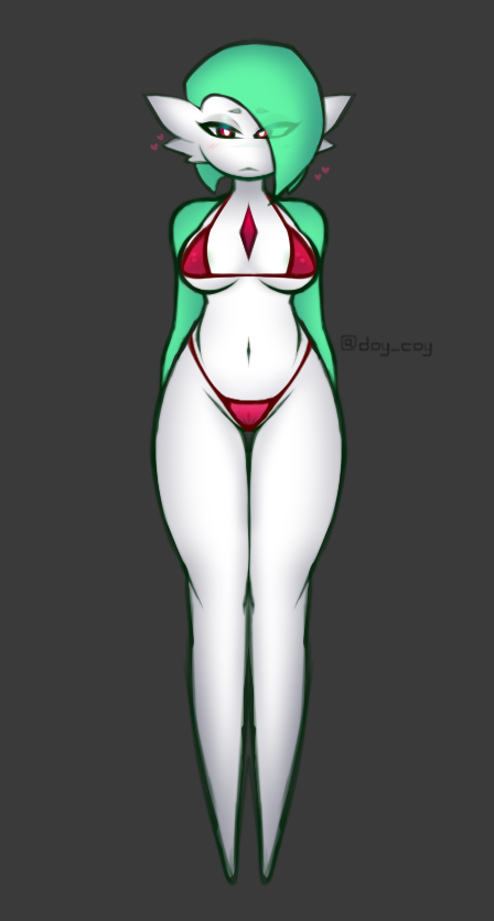 1girls big_breasts big_thighs bikini bra breasts coy_doy cute female female_focus female_only full_body gardevoir green_hair green_nipples nintendo panties pokemon pokemon_(species) red_eyes solo solo_female solo_focus standing swimsuit white_skin