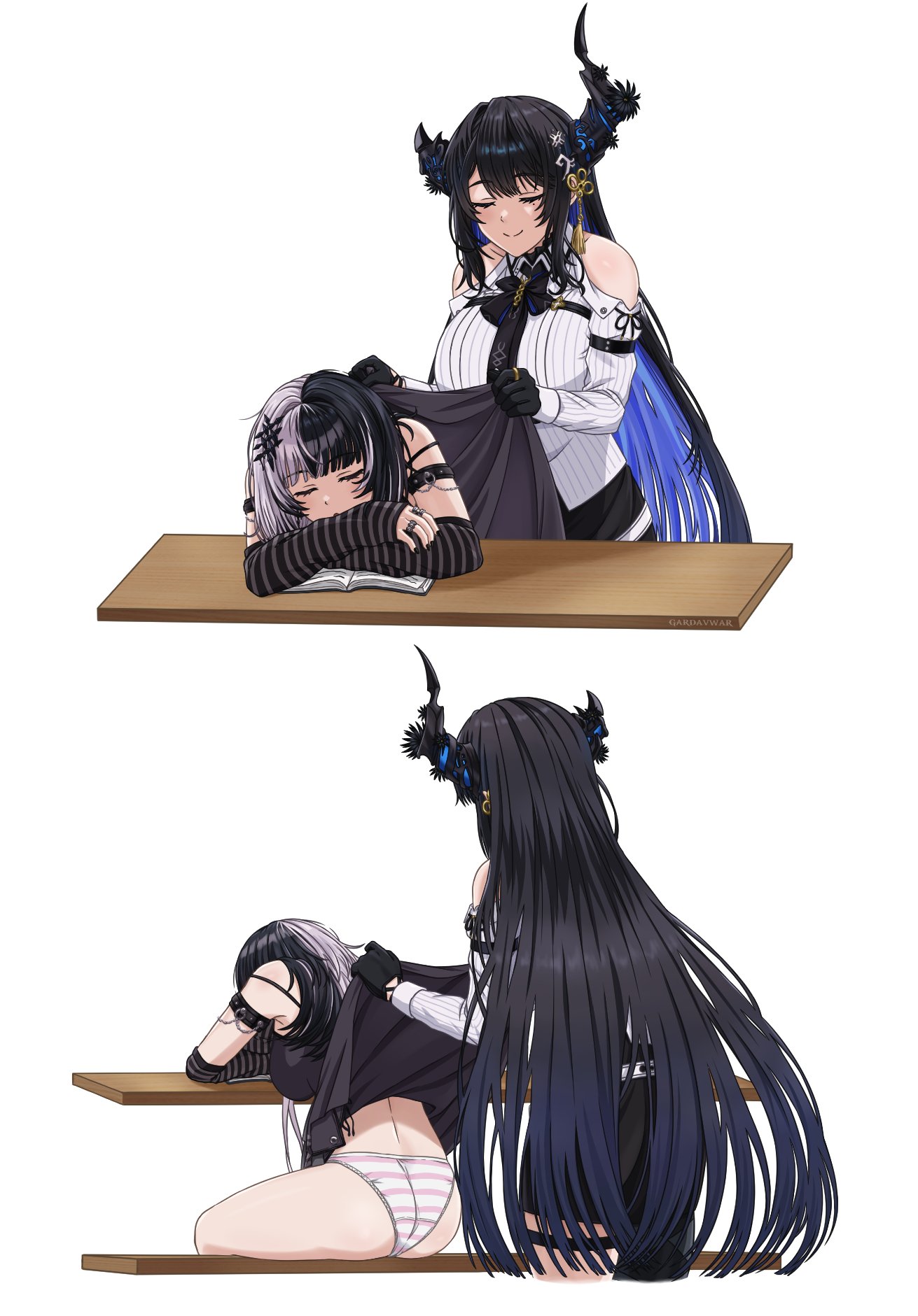 2girls, almost wholesome, ass, black hair, closed eyes, comic, dress, dress lift, female, female pervert, from behind, gardavwar, goth, gothic, hololive, hololive english, hololive english -advent-, nerissa ravencroft, shiori novella, sitting, skirt lift, sleeping, striped panties, stripes, virtual youtuber, yuri