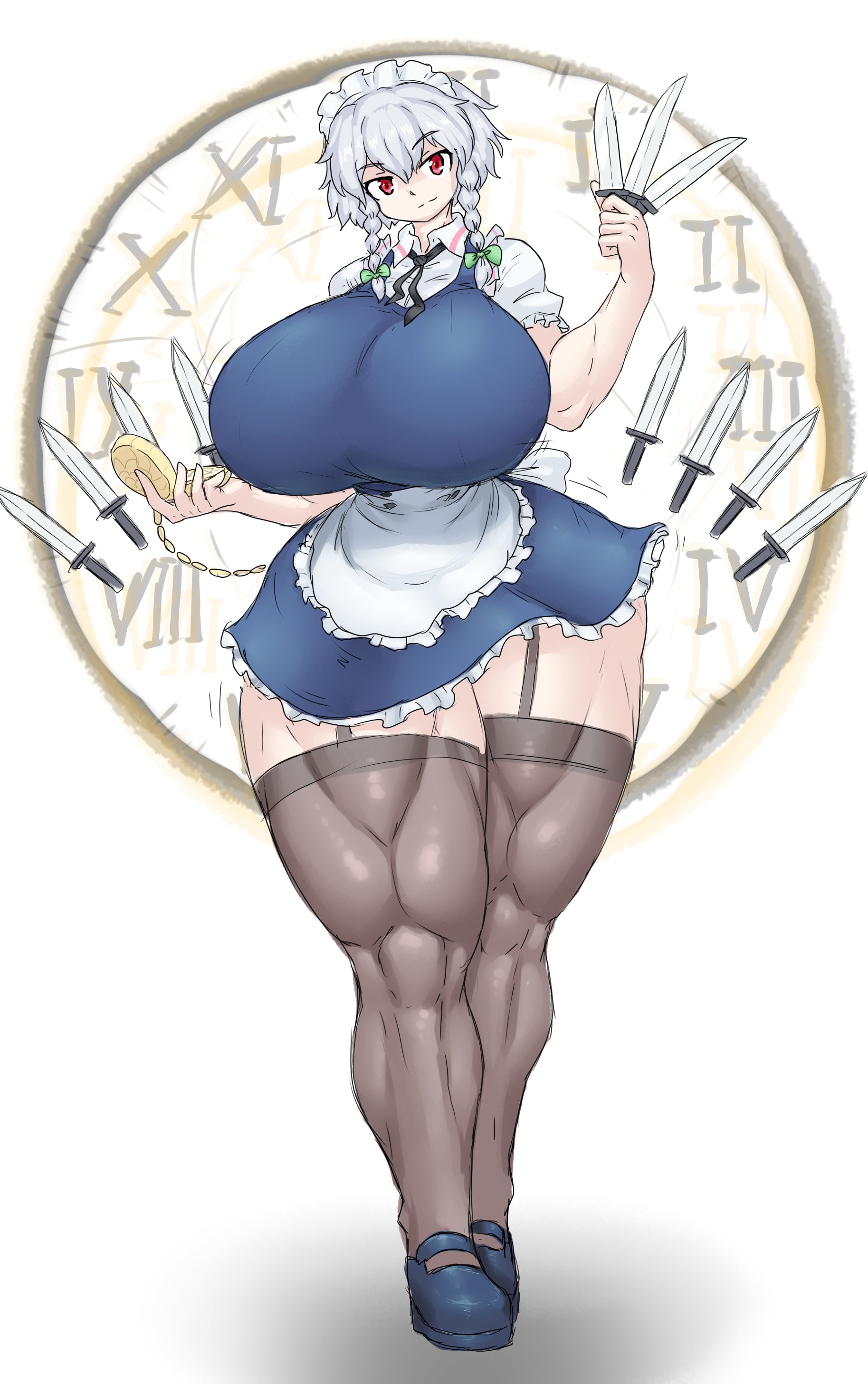 big breasts, breasts, female, hyper breasts, muscular, muscular female, red eyes, sakuya izayoi, sheepapp, thick thighs, touhou