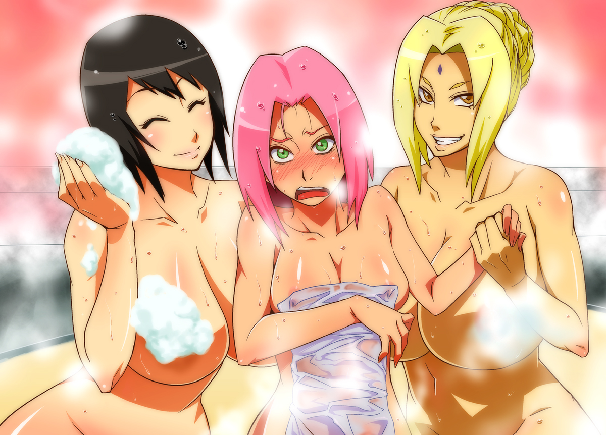 black hair, blonde hair, blush, breasts, brown eyes, censored, cleavage, closed eyes, convenient bath steam, convenient censoring, facial mark, female, female only, forehead mark, green eyes, grin, hair up, huge breasts, human, large breasts, long hair, multiple females, naked towel, naruto, naruto (series), naughty face, nude, pink hair, sakura haruno, see-through, shizune, short hair, smile, steam, suds, sunahara wataru, sweat, towel, tsunade, wet
