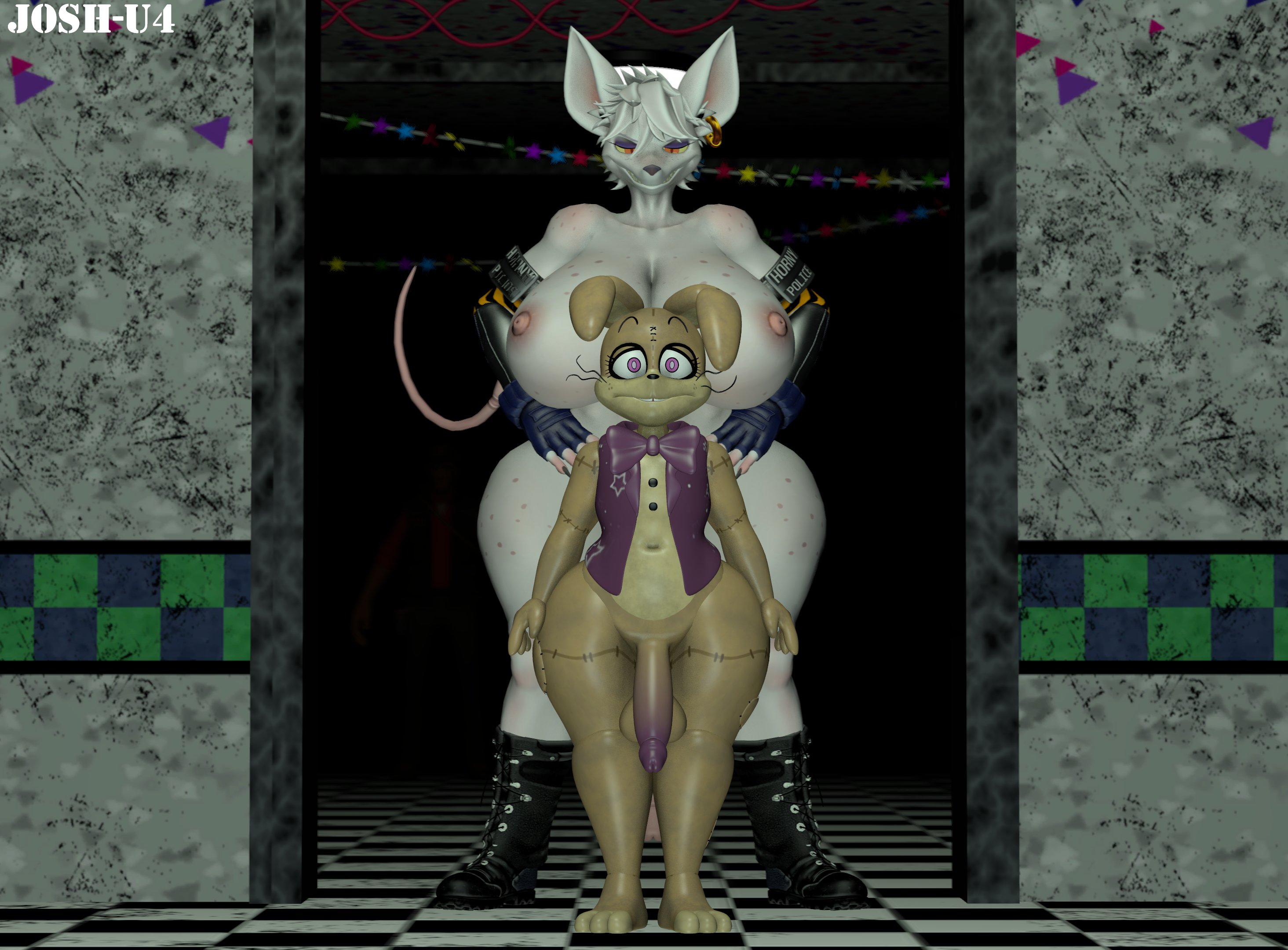 1boy, 1futa, 3d, anthro, ass, big ass, big breasts, big penis, bigger futa, breasts, female, femboy, five nights at freddy's, futa on male, futanari, glitchtrap, inminent rape, inminent sex, intersex, josh-u4, lagomorph, larger female, leporid, long penis, male, mammal, officer flint, officer flint (foretbwat), penis, rabbit, rat, rodent, scared, small penis, smaller male, smiling, sniper (team fortress 2), source filmmaker, stitch (sewing), stitches, taller futa, team fortress 2, thick ass, thick thighs, white fur, yellow fur