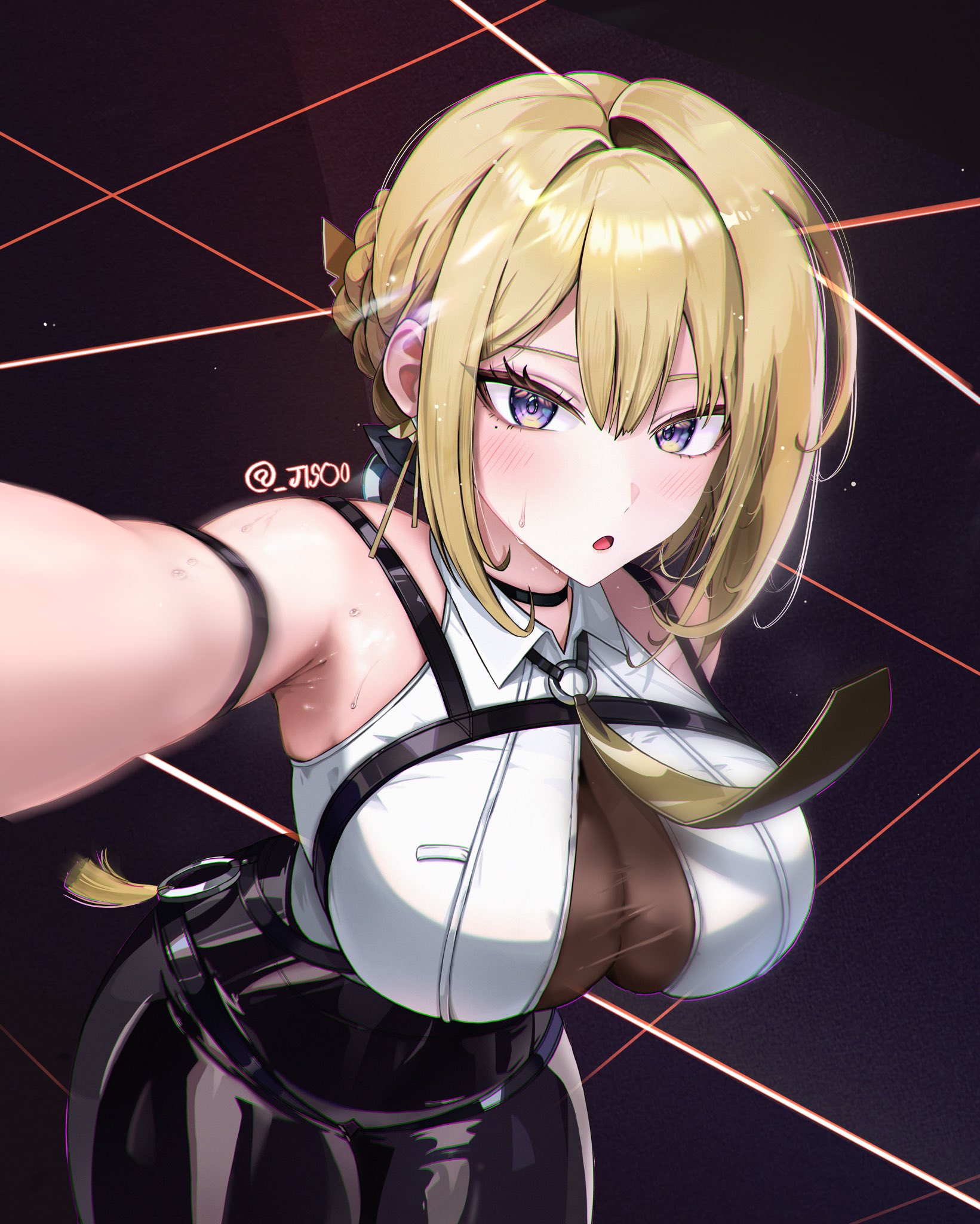1girls, arm strap, armpits, bare shoulders, black choker, black pants, blonde hair, blue eyes, braid, breasts, choker, chowol, cleavage, collared shirt, cowboy shot, evelyn chevalier, female, female only, highres, large breasts, leaning forward, looking at viewer, mole, mole under eye, open mouth, outstretched arm, pants, see-through cleavage, see-through clothes, shiny clothes, shirt, short hair, sleeveless, sleeveless shirt, solo, sweat, tight clothing, white shirt, zenless zone zero