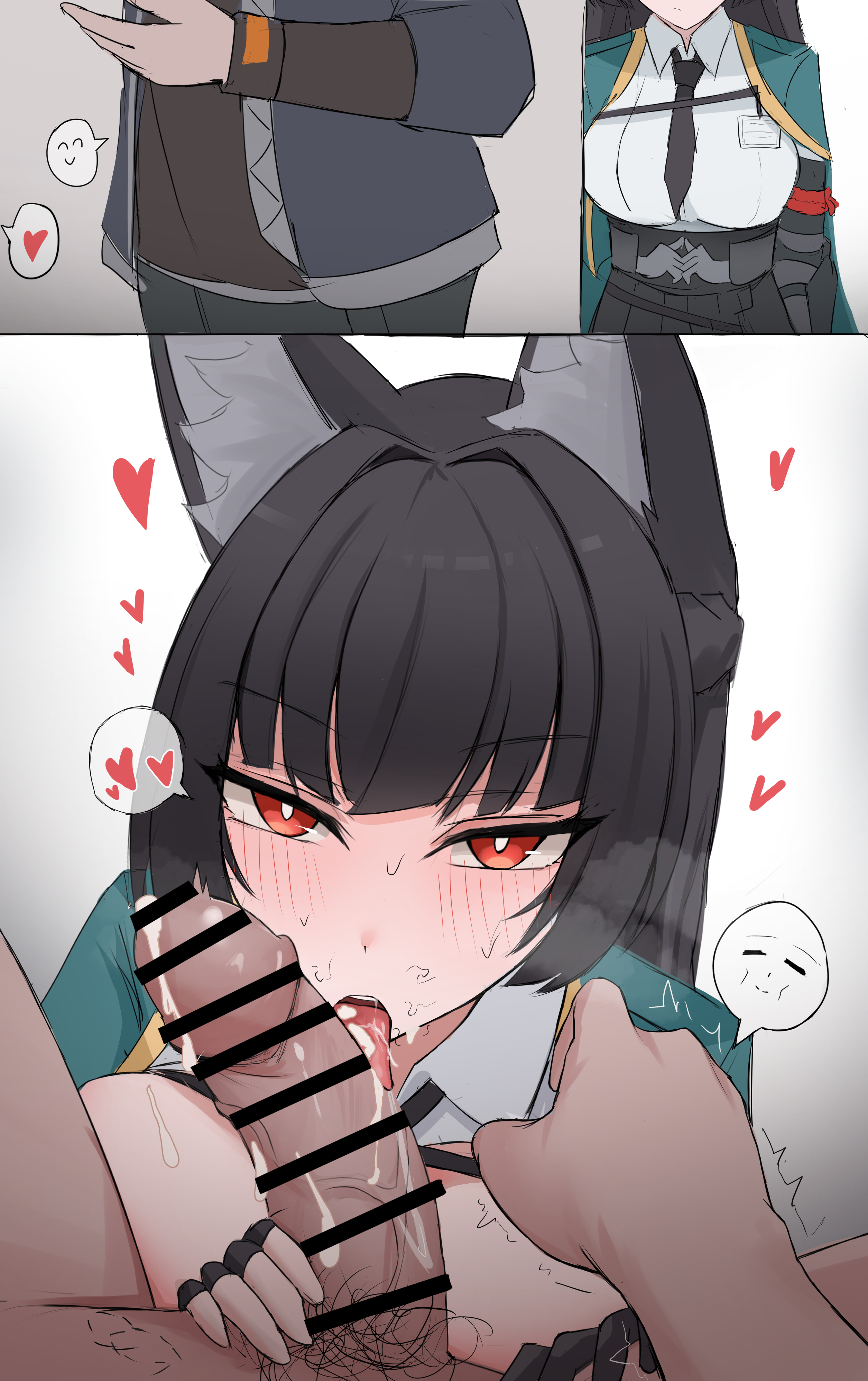 1boy, 1girls, 2koma, absurdres, animal ear fluff, animal ears, bar censor, black hair, blush, breasts, breasts out, censored, cisyo, comic, cum, cum on body, cum on penis, erection, fellatio, female, fox ears, fox girl, heart, highres, hoshimi miyabi, licking, licking penis, long hair, looking at viewer, male, male pubic hair, open mouth, oral, penis, pubic hair, red eyes, straight, sweat, tongue, tongue out, trembling, veins, veiny penis, wise (zenless zone zero), zenless zone zero