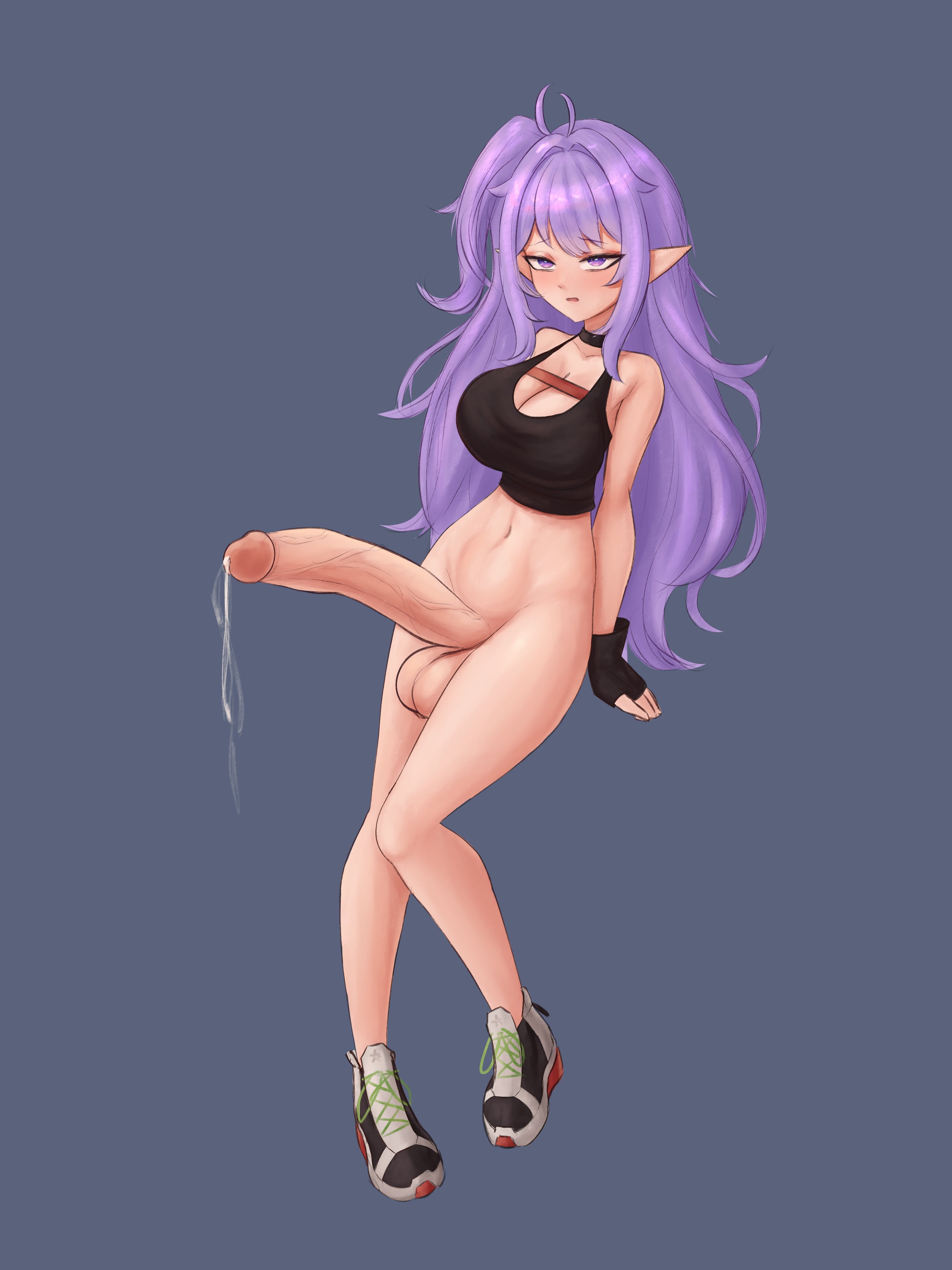 1futa, balls, bottomless, bunnyfaqer, clothed, clothing, eepy sleepy, elf ears, futanari, huge cock, intersex, long ears, partially clothed, pecum, penis, phase connect, phase invaders quest, purple hair, solo, testicles, virtual youtuber