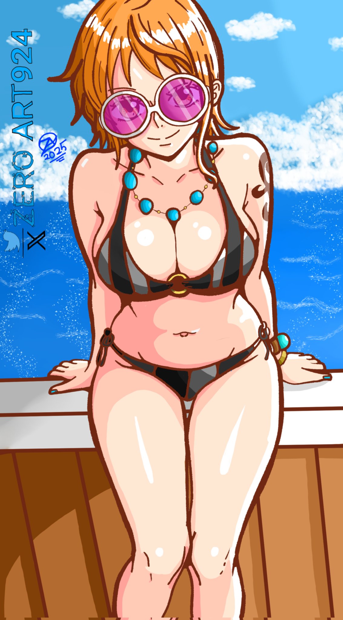 1girls, adult, adult female, arm tattoo, bare belly, bare chest, bare hands, bare hips, bare legs, bare midriff, bare navel, bare shoulders, bare thighs, belly, belly button, big breasts, bikini, bikini bottom, bikini only, bikini top, black bikini, black bikini bottom, black bikini only, black bikini top, black string bikini, black swimsuit, black swimwear, breasts, busty, busty female, cleavage, collarbone, curvaceous, curvaceous body, curvaceous female, curvaceous figure, curvaceous hips, curvaceous thighs, curvy, curvy body, curvy female, curvy figure, curvy hips, curvy thighs, exposed arms, exposed belly, exposed chest, exposed hips, exposed legs, exposed midriff, exposed navel, exposed shoulders, exposed skin, exposed thighs, female, female focus, female only, fingers, groin, half naked, half nude, high resolution, highres, horizon, hourglass figure, knees, large breasts, lean figure, leaning forward, legs closed, legs together, looking at viewer, mature, mature female, midriff, naked, naked female, naked woman, nami (classic), nami (one piece), narrow waist, navel, necklace, nude, nude female, nudity, ocean, one piece, orange eyebrows, orange eyes, orange hair, orange-eyed female, orange-haired female, outdoor nudity, outdoors, outside, plump breasts, pre-timeskip, sea, seaside, semi nude, short hair, shoulders, sitting, slender body, slender waist, slim waist, solo, string bikini, sunglasses, sunglasses on head, swimsuit, swimwear, tattoo, tattoo on arm, tattooed arm, teenage female, teenager, thick thighs, thighs, upper body, wide hips, young female, young woman, zeroart924